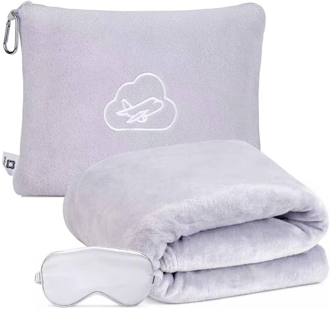Travel Blanket Pillow,Airplane Blanket Compact with Bag Eye Mask, Ultra-Soft,Warm & Lightweight Included,Travel Essentials for Women & Men, Luggage Sleeve & Backpack Clip 65×40 in, Grey