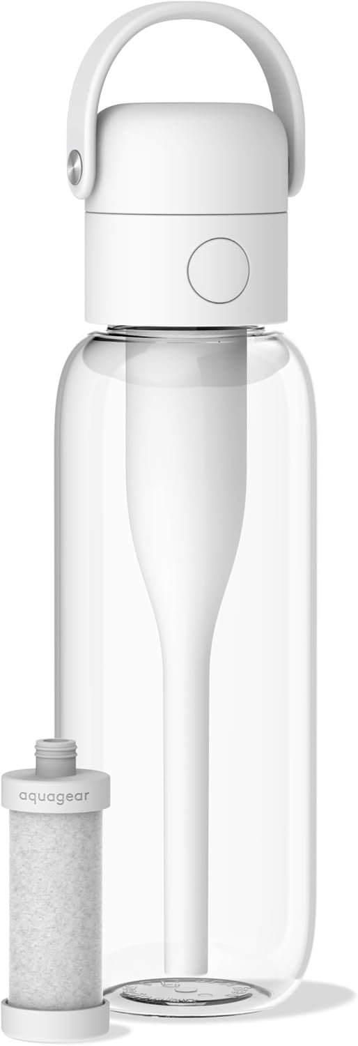 Aquagear Water Filter Bottle BPA-Free, 22oz Capacity, Removes Chlorine, PFOA/PFOS Forever Chemicals, 40 Gallon Filter Life, White