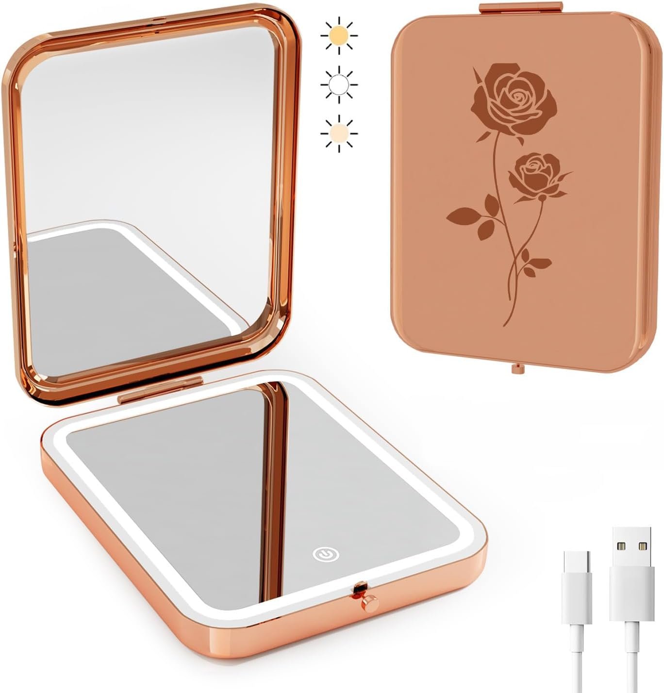 Compact Mirror, Lighted Travel Makeup Mirror with 1X/3X Magnifying Double Sided Dimmable 3 Color Lighting Portable LED Pocket Mirror for Handbag, USB Rechargeable(Rose Gold)