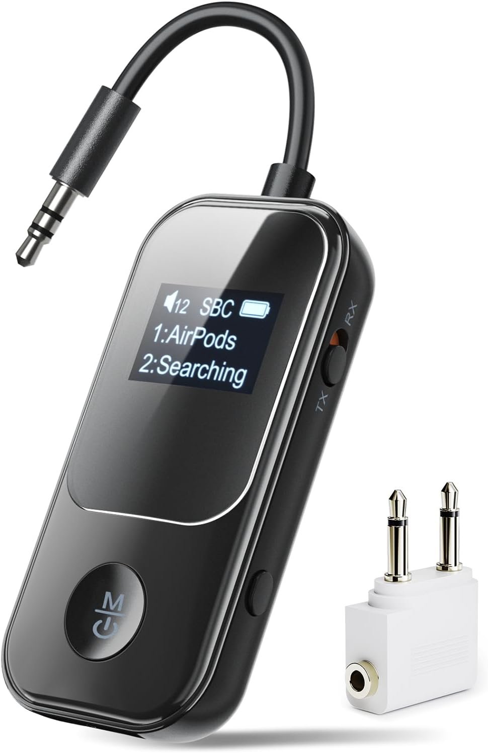 Nulaxy 2-in-1 Airplane Bluetooth Transmitter Receiver Adapter with Screen, 3.5mm AUX Supports 2 Headphones/AirPods, Qualcomm Chip Low Latency, 20H Playtime for TV Car Treadmill Home Stereo, Black