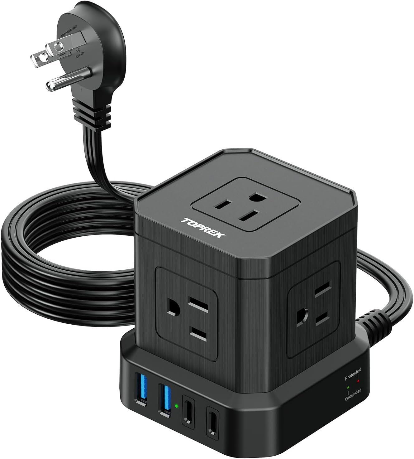 TOPREK Power Strip with USB, USB C (3.0A) Power Strip with 5 Outlets, 2 USB-C & 2 USB-A, 5 FT Flat Extension Cord with Ultra Thin Flat Plug, Surge Protector Compact for Home Office, Dorm, Hotel Travel
