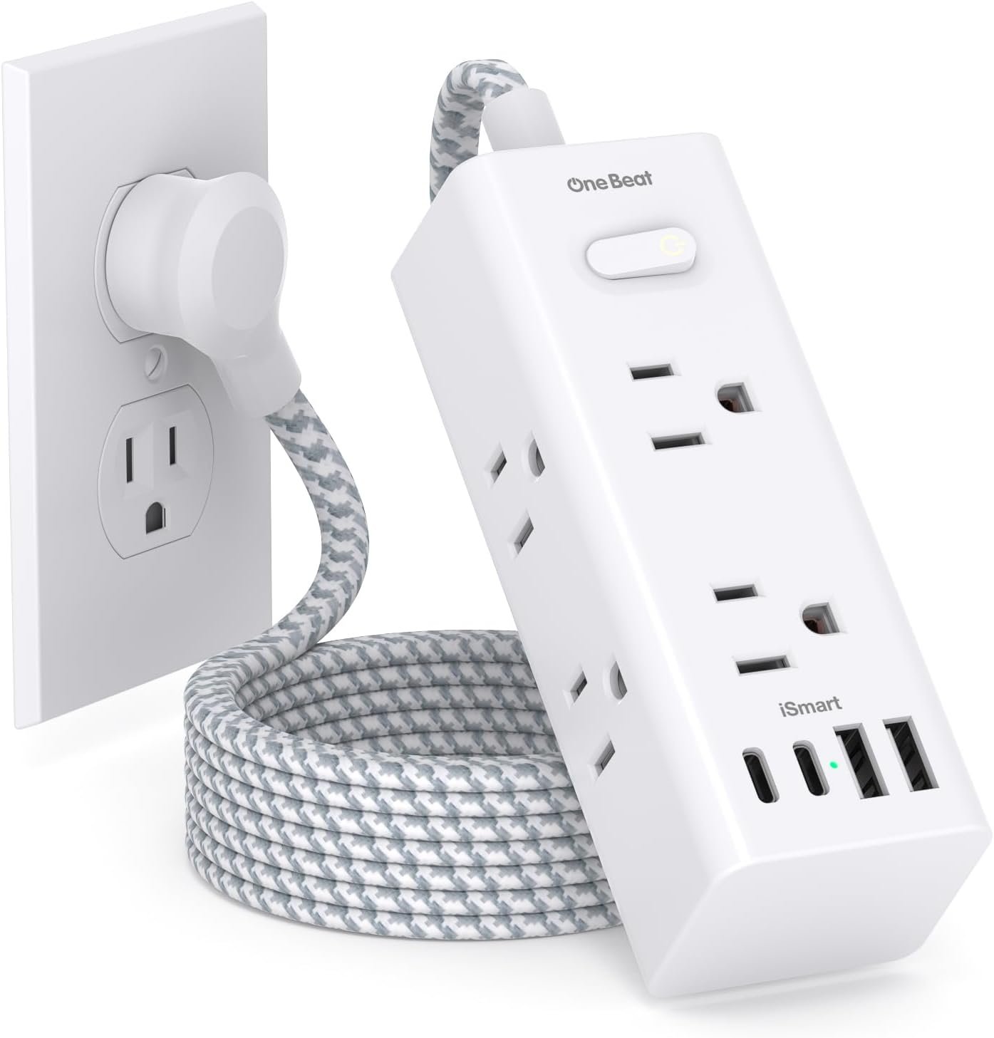 One Beat Surge Protector Power Strip, 5 Ft Flat Plug Extension Cord, 900J