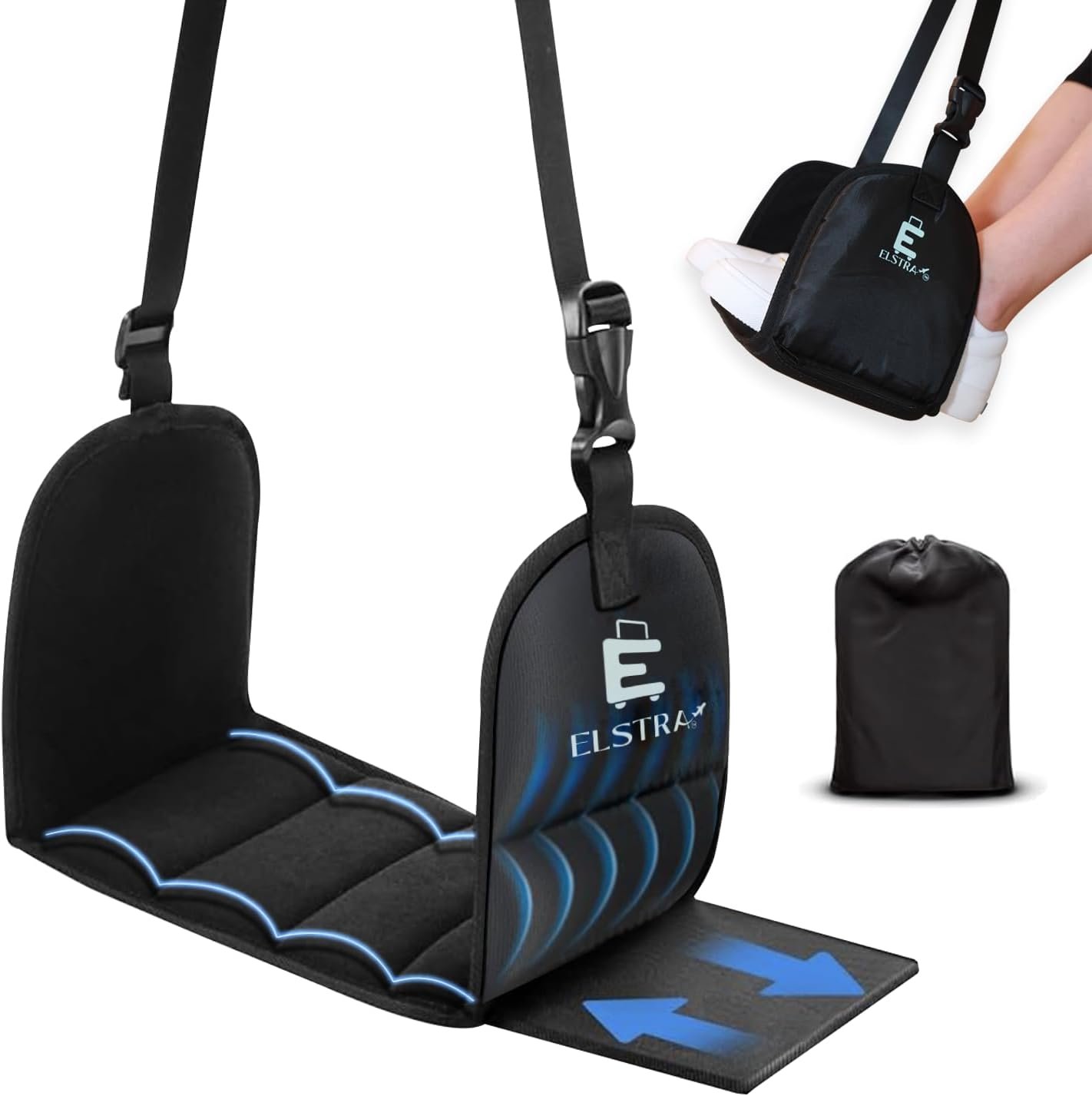 Luxury Airplane Foot Hammock – Removable Base & 60D Premium Memory Foam Footrest for Travel, Office, Gaming & Train – No Foot Clashing, Adjustable, Waterproof, Pouch + Stick-On Guide Included