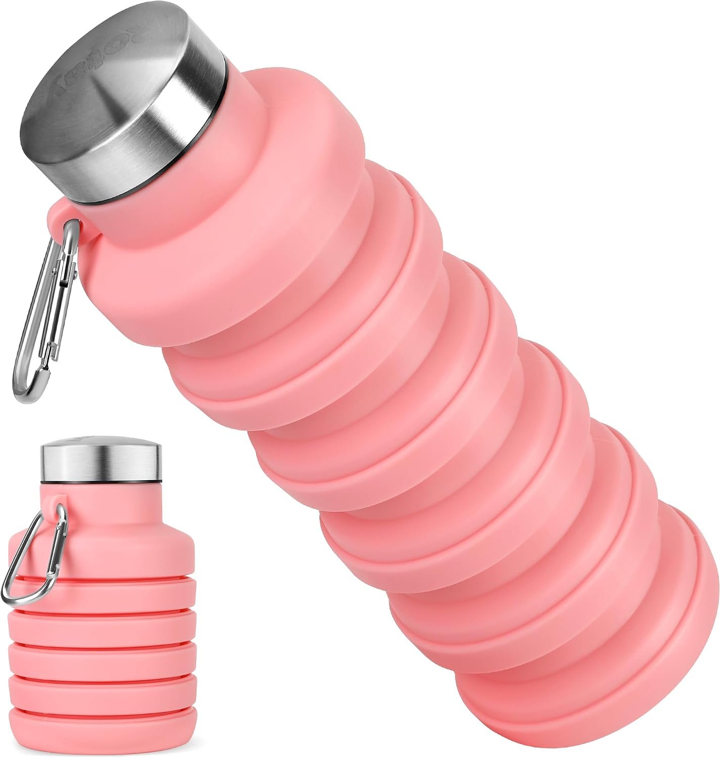 Collapsible Water Bottle, 16oz Portable Reusable Silicone Water Bottle with Carabiner for Gym, Travel, Camping, Hiking, Sports, Lightweight, BPA-Free, Leak-Proof, Foldable Design, Pink