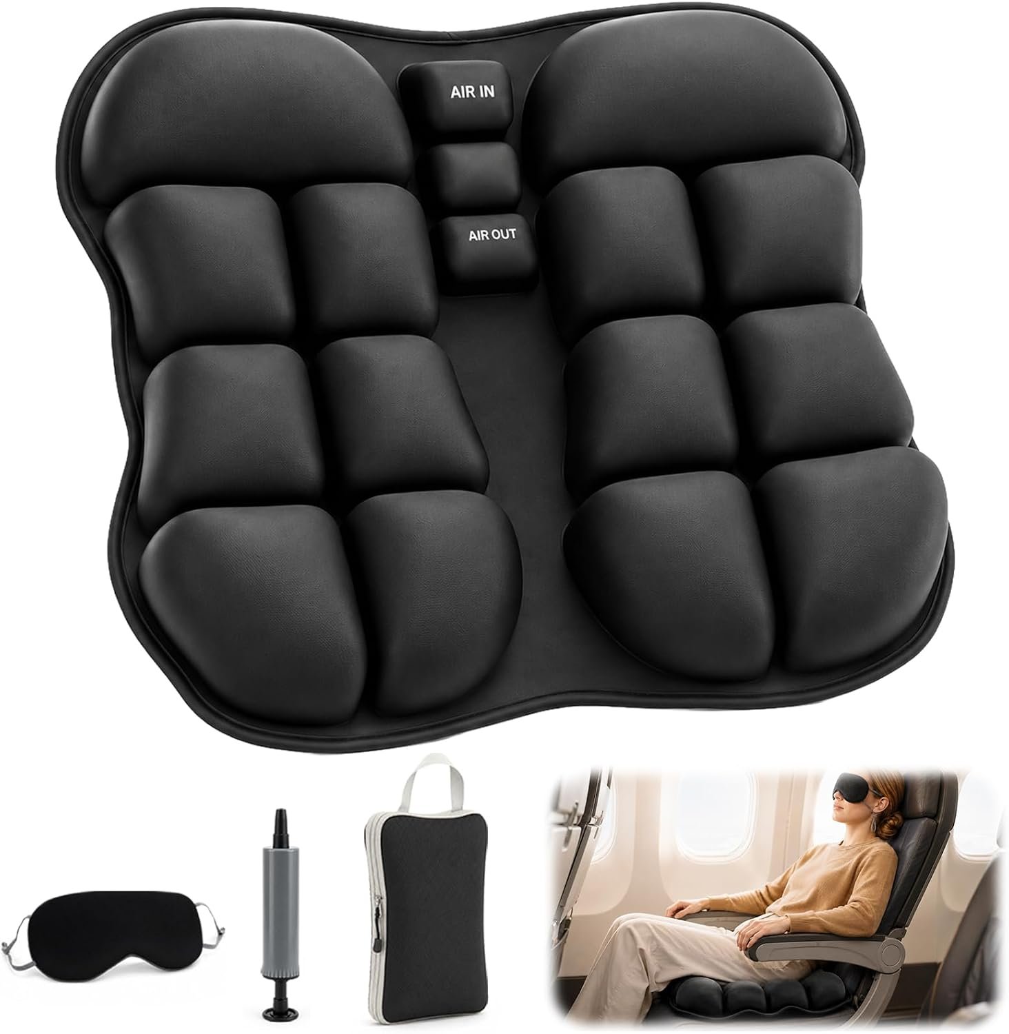Airplane Seat Cushion, Inflatable Seat Cushion with Built-in Pump