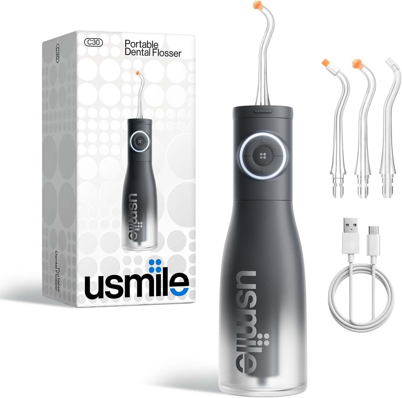 usmile C30 Cordless Water Flosser, 300ml Tank, 5 Modes, IPX7, Black