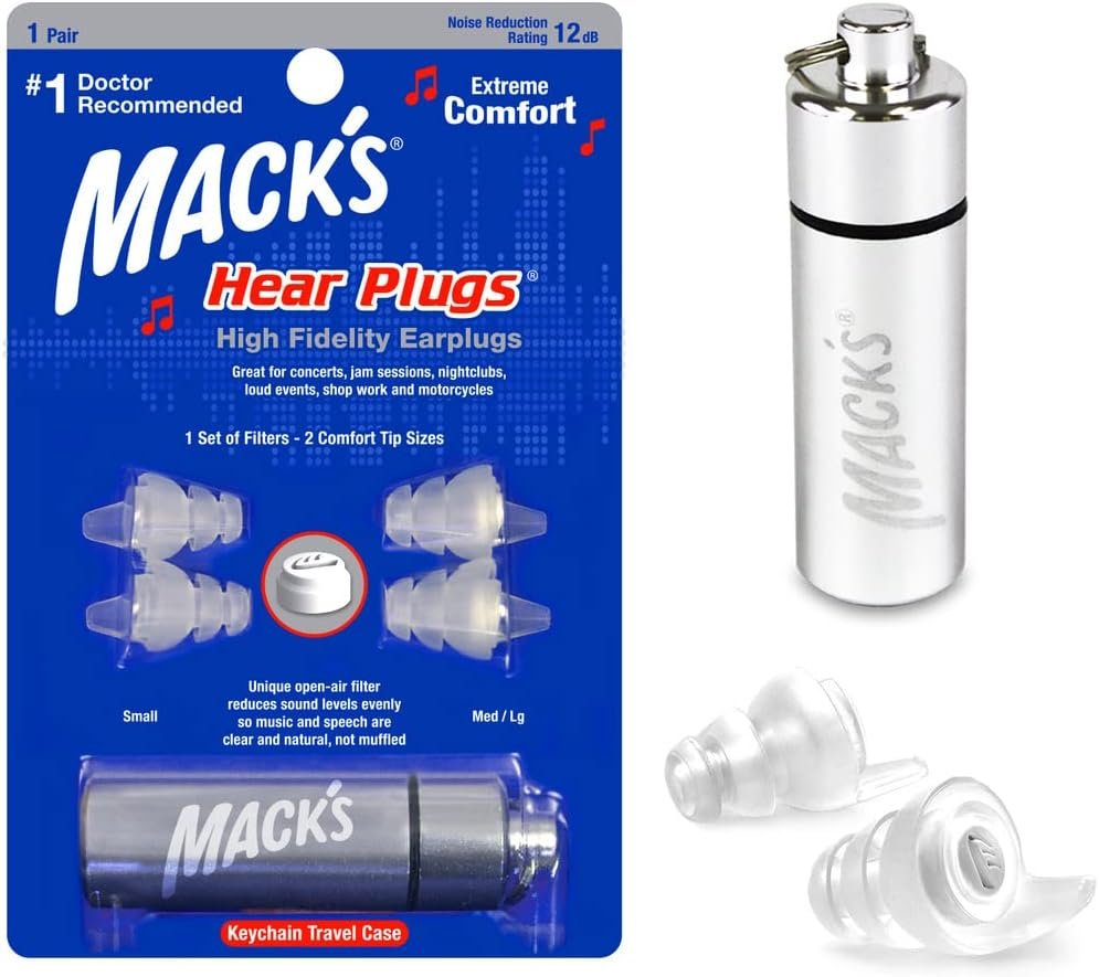 Mack’s High Fidelity Ear Plugs for Concerts, Musicians, Motorcycles, Noise Sensitivity – 1 Pair (2 Comfort Tip Sizes) – Clear Hear Plugs with Case