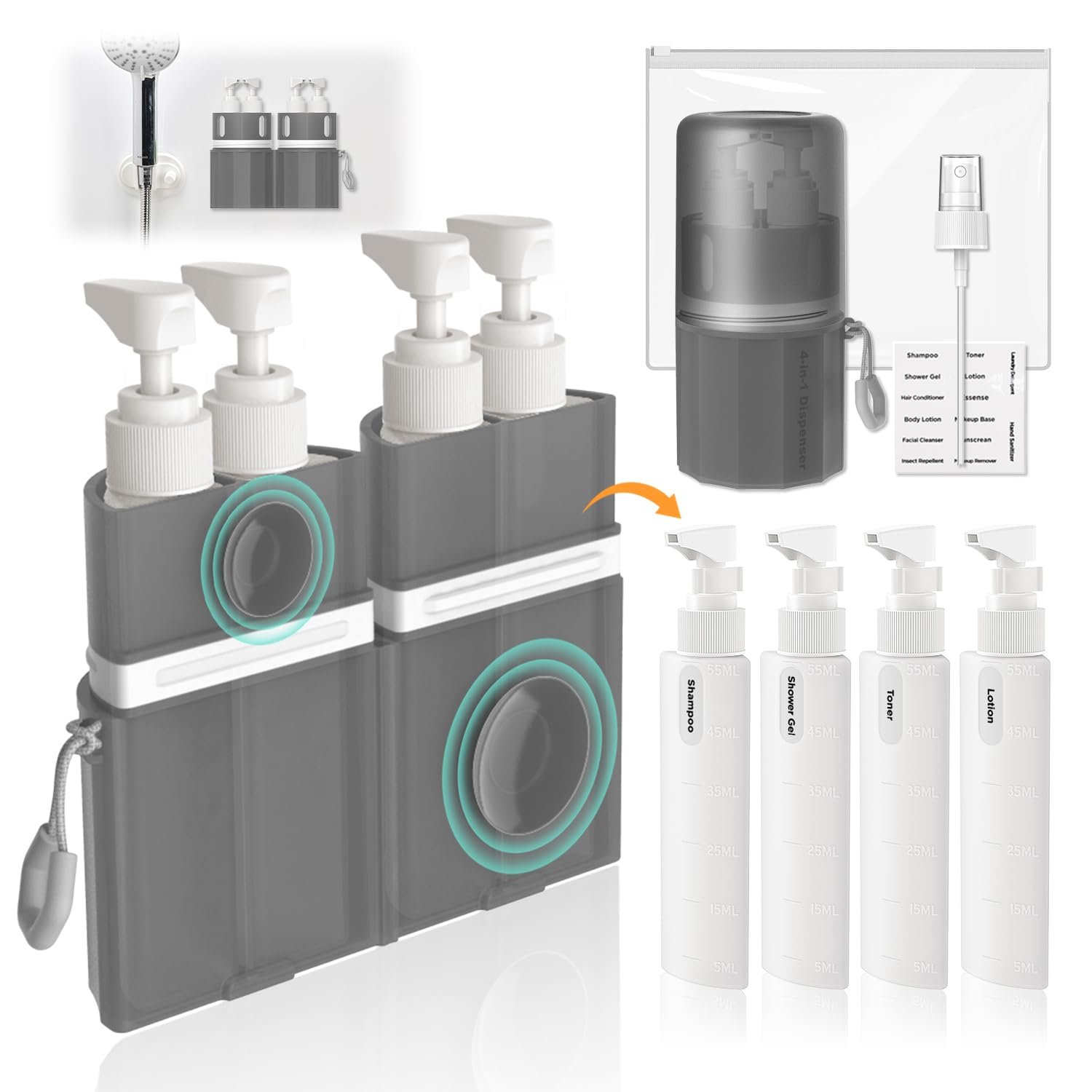 4 in 1 Travel Dispenser Bottle, Travel Bottles for Toiletries, Gray
