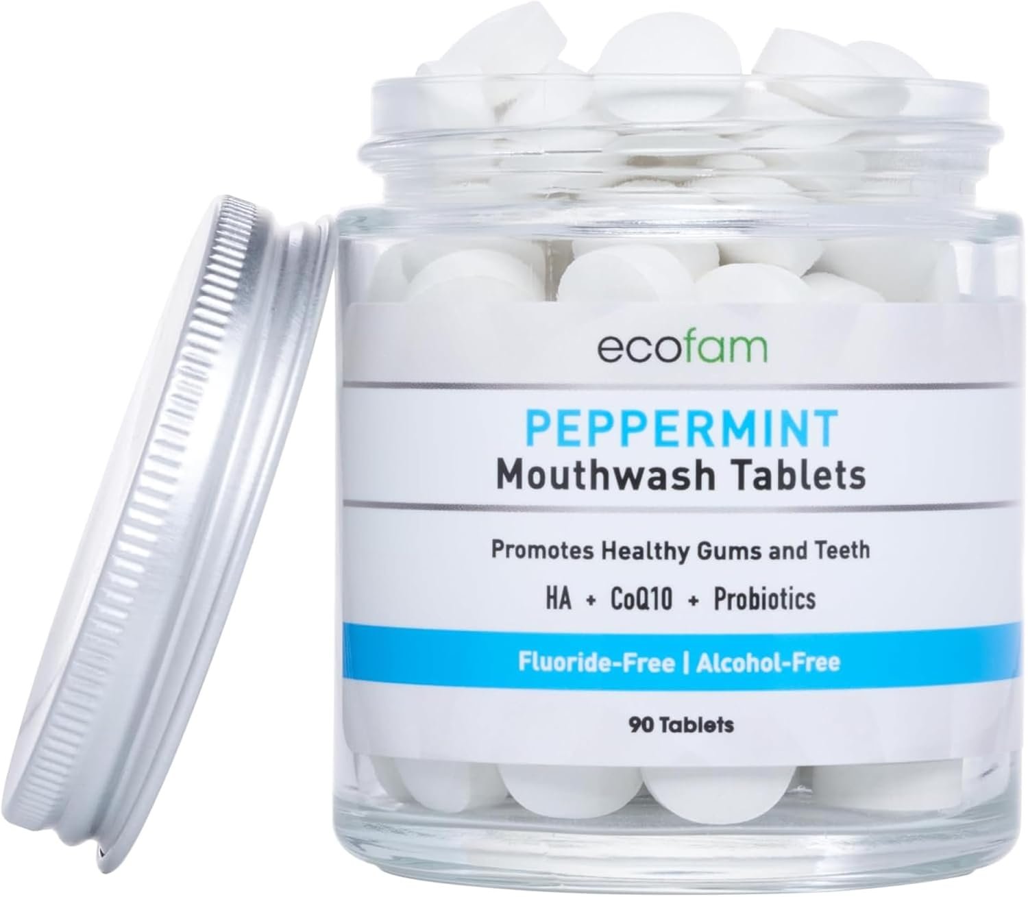 ECOFAM Peppermint Mouthwash Tablets – Chewable Tablet for Fresh Breath Fluoride Free Alcohol Free Travel Size Mouthwash – 90 Tablets