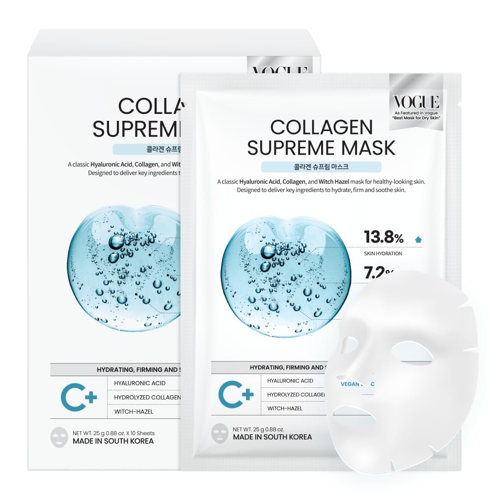 #OOTD Collagen Supreme Mask, Korean Hyaluronic Acid Face Mask,10-Pack