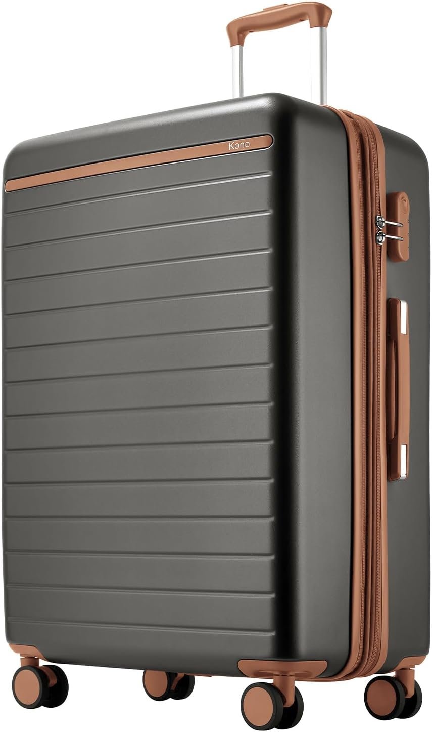 Kono Large Suitcase 28in Expandable ABS+PC 8pcs Silent Wheels Grey/Brown