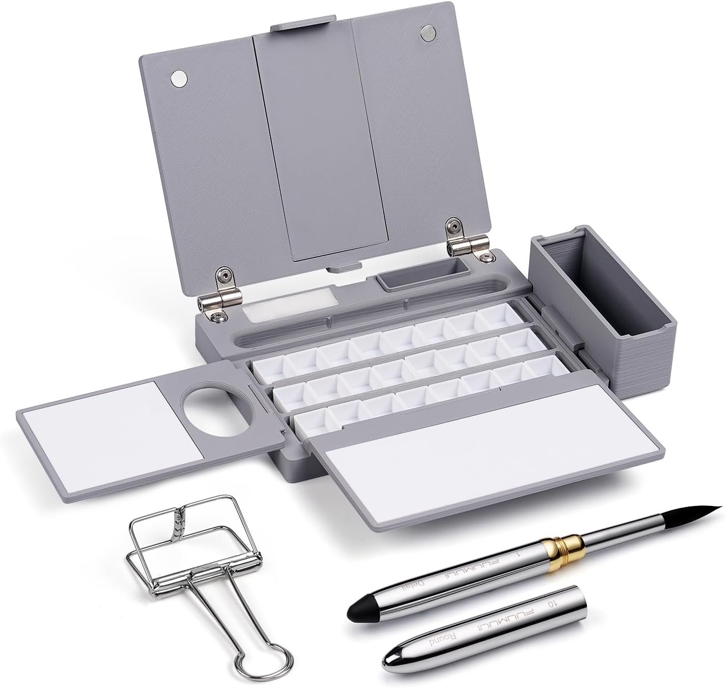 Fuumuui Travel Watercolor Palette Box, All-in-One Portable Watercolor Kit with 24 Empty Removable Half-pan Grids, Travel Brush, Watercolor Cup and Clip – Plein Air Set for Right Hand Artists