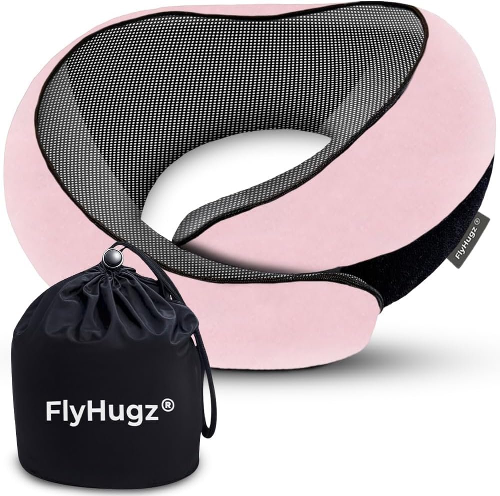 FlyHugz® Neck Travel Pillow Memory Foam Neck Pillow, Pink