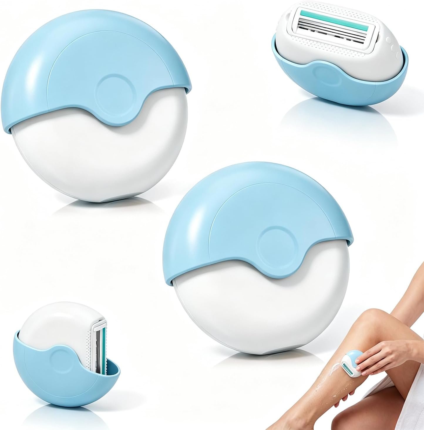 2Pcs Portable Mini Triple-Blade Razor with Rotating Cover, Travel Razor for Women, Portable Travel Shaver, Shave On The Go, for Legs, Face Underarms, Blue