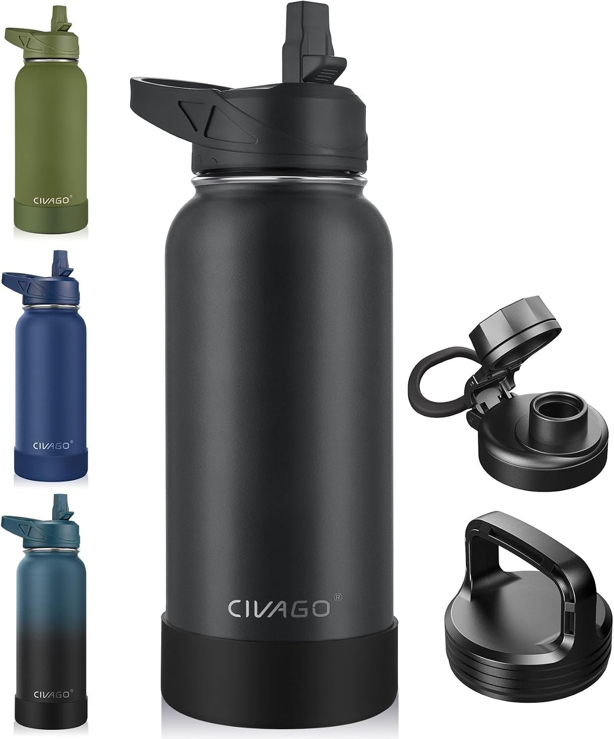 CIVAGO 32 oz Insulated Stainless Steel Water Bottle With Straw and 3 Lids