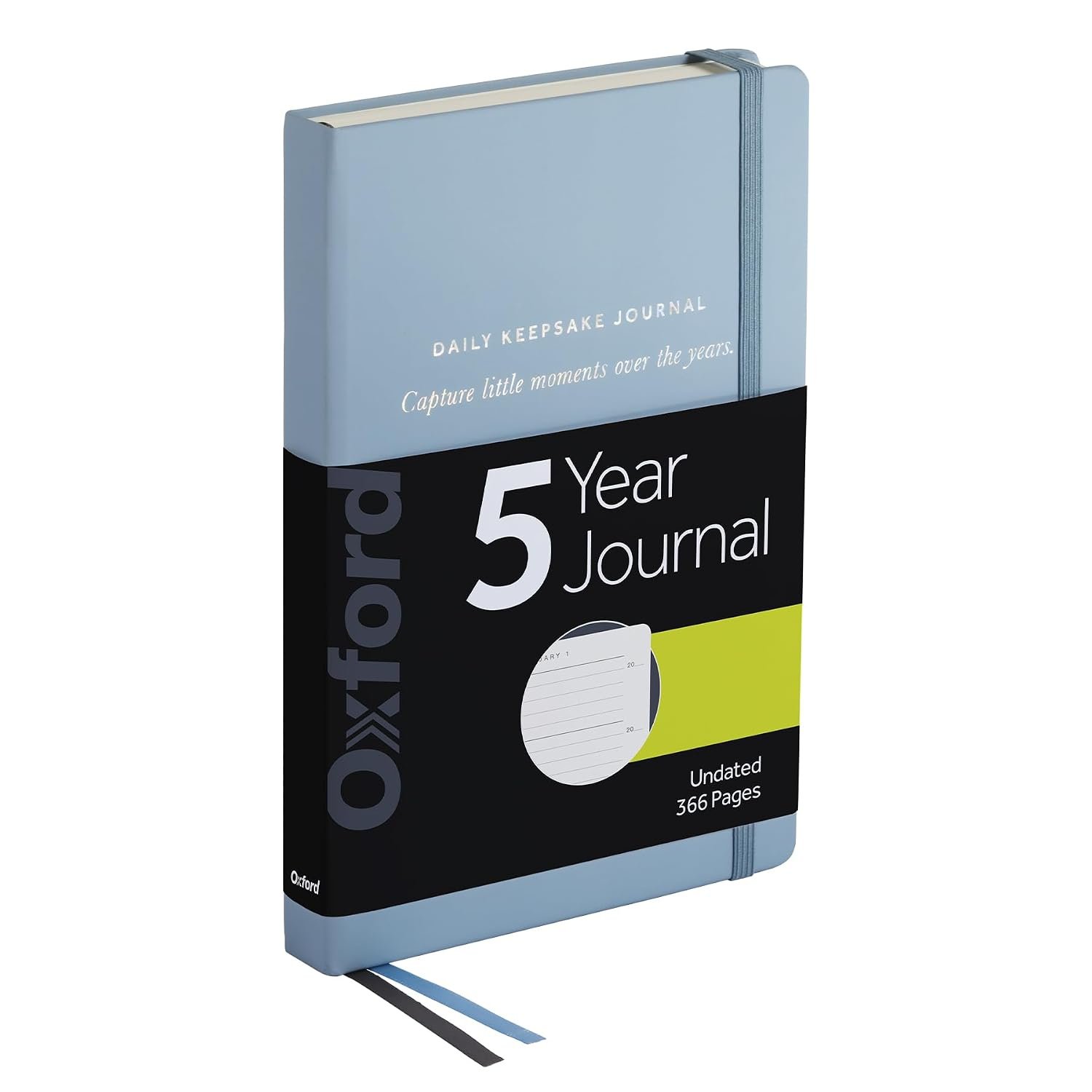 Oxford One Line a Day 5 Year Journal, Daily Keepsake Memory Book with Undated Entries, 366 Pages, 5.6” x 8.3”, Pale Blue Hardcover, Ribbon Markers and Pocket for Photos and Mementos (1017048)