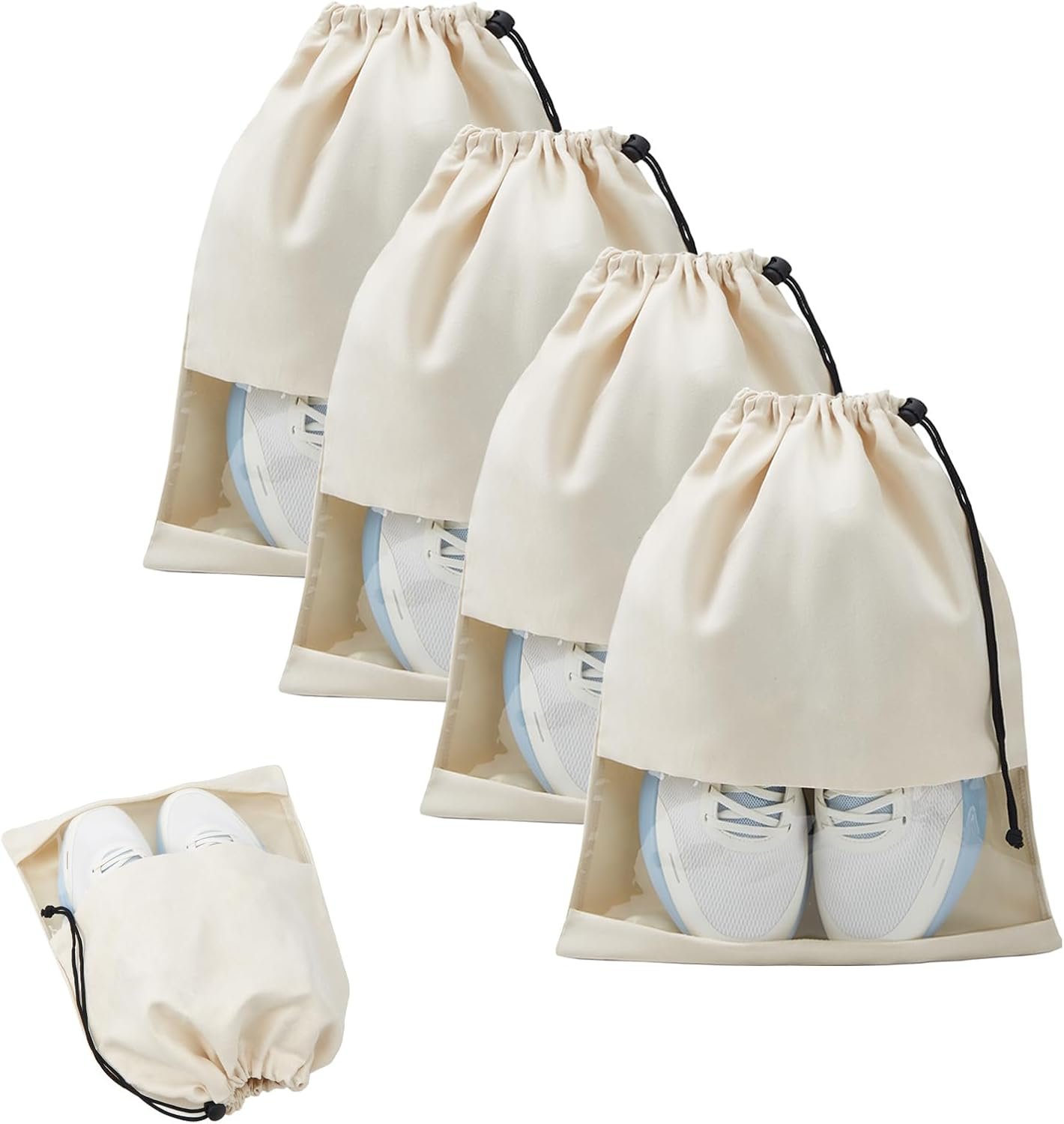 4 Pcs Shoe Bags for Travel with Clear TPU Window & Drawstring Closure