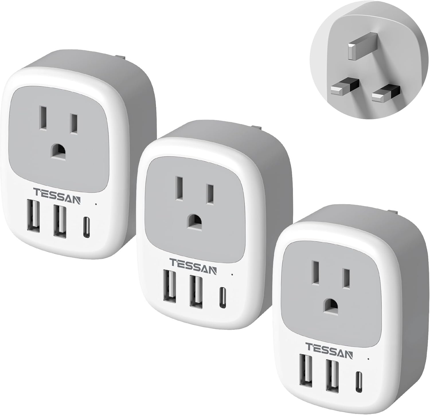 TESSAN US to UK Plug Adapter, Type‑G Adaptor 3‑Pack