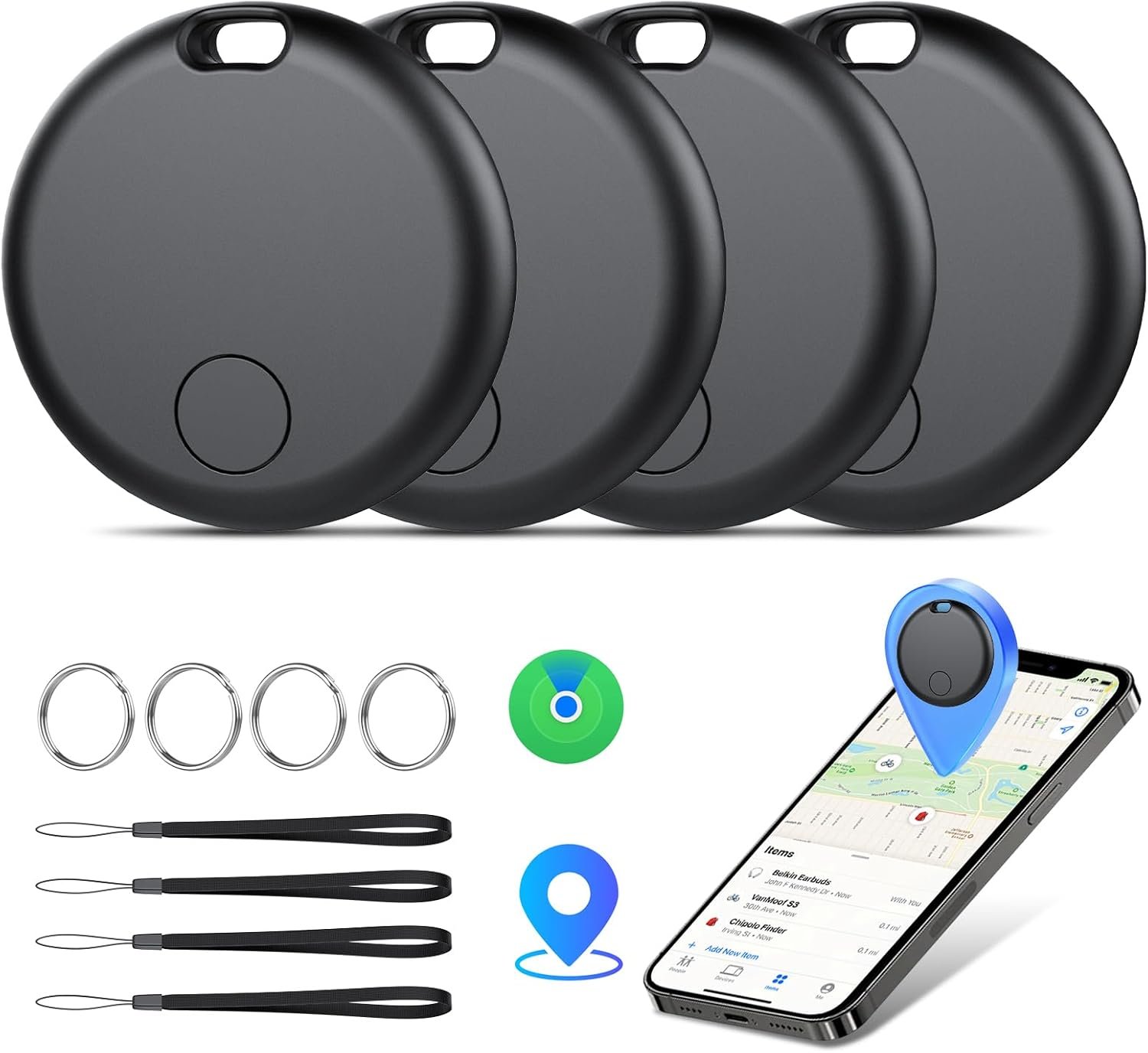 Air Tracker Tags-4 Pack: Smart Bluetooth Tracker, Item Finder Works with Apple Find My (iOS Only) App, Trakcer Tag Locator for Keys, Luggage, Satchel, weTag mini. (Not for Android Devices)