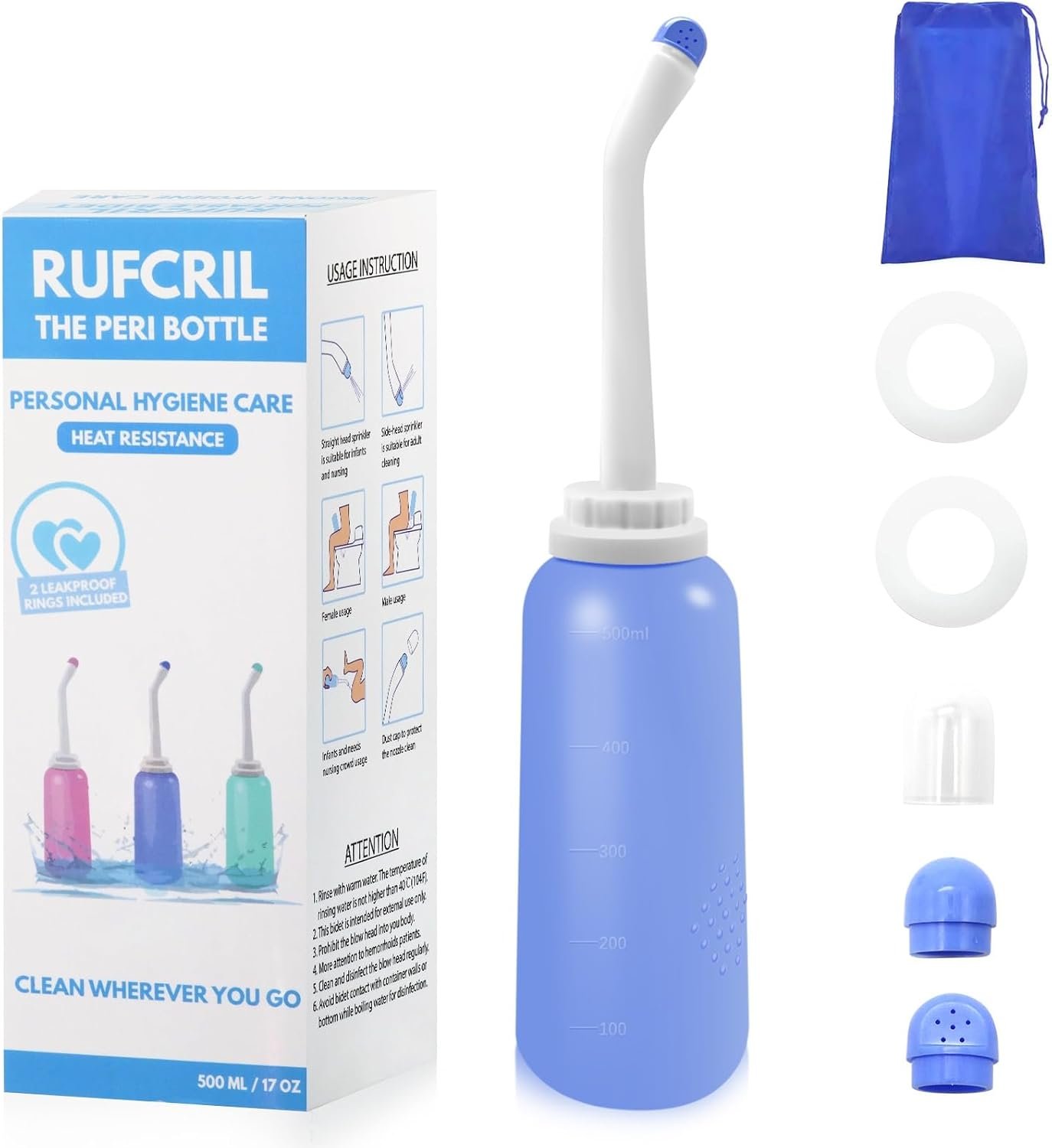 Peri Bottle Postpartum, RUFCRIL 500ml Bidet Bottle, Upside Down Peri Bottle, Boilable TPE, Travel Bag, for Perineal Care, Hemorrhoid Care, Feminine Cleansing & Baby (Blue)