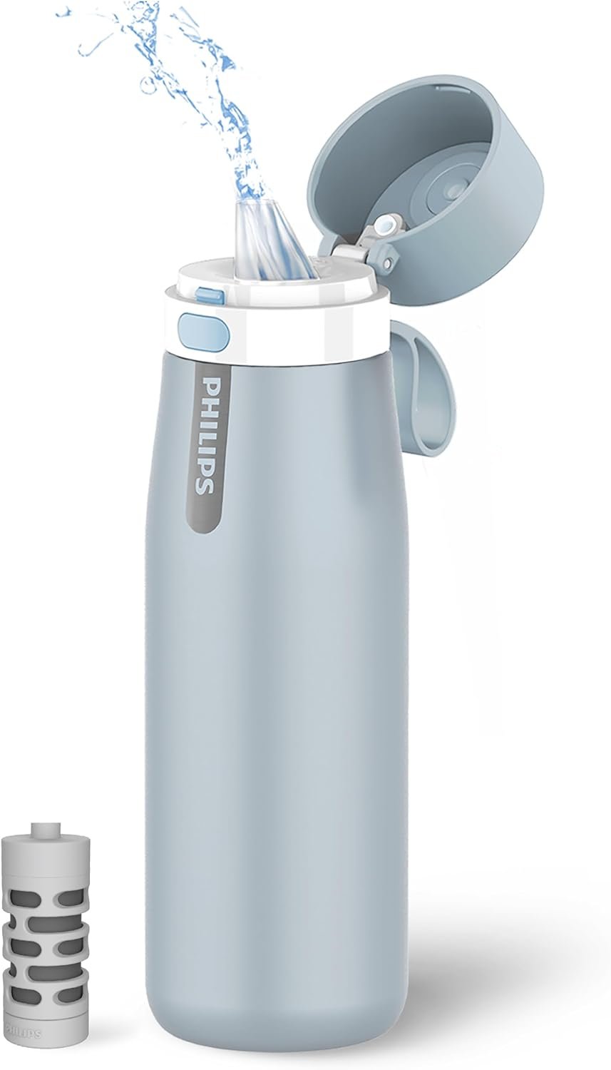 PHILIPS Filtered Water Bottle Stainless Steel Travel Keeps Cold 18.6oz Blue