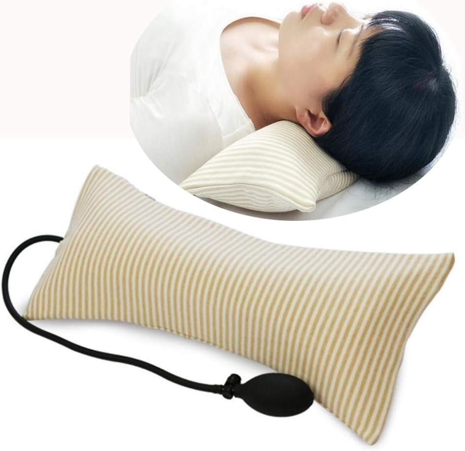 Inflatable Pillow Cushions, Height Adjustable Neck Cervical Head Support, Soft Portable Pillow with Pump for Car, Home, Office, Travel, Camping, Pillow Case Removable (Brown)