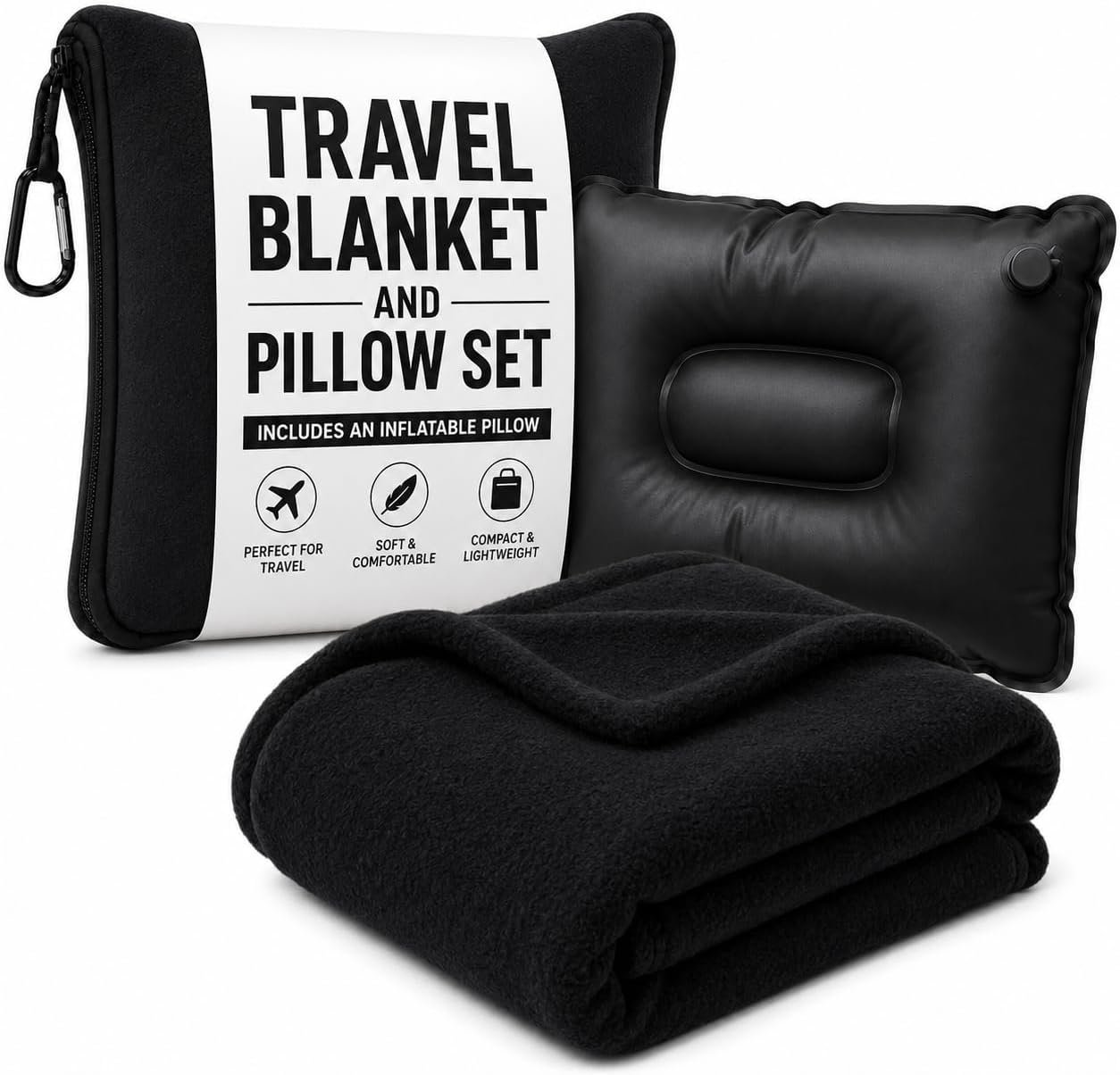 Dot&Dot Travel Pillow and Blanket Set, 2-in-1 Airplane Travel Essentials with Soft Flannel Travel Blanket, Inflatable Pillow, Compact Carry Bag with Carabiner for Flights, Camping, Cruise Ship, Car