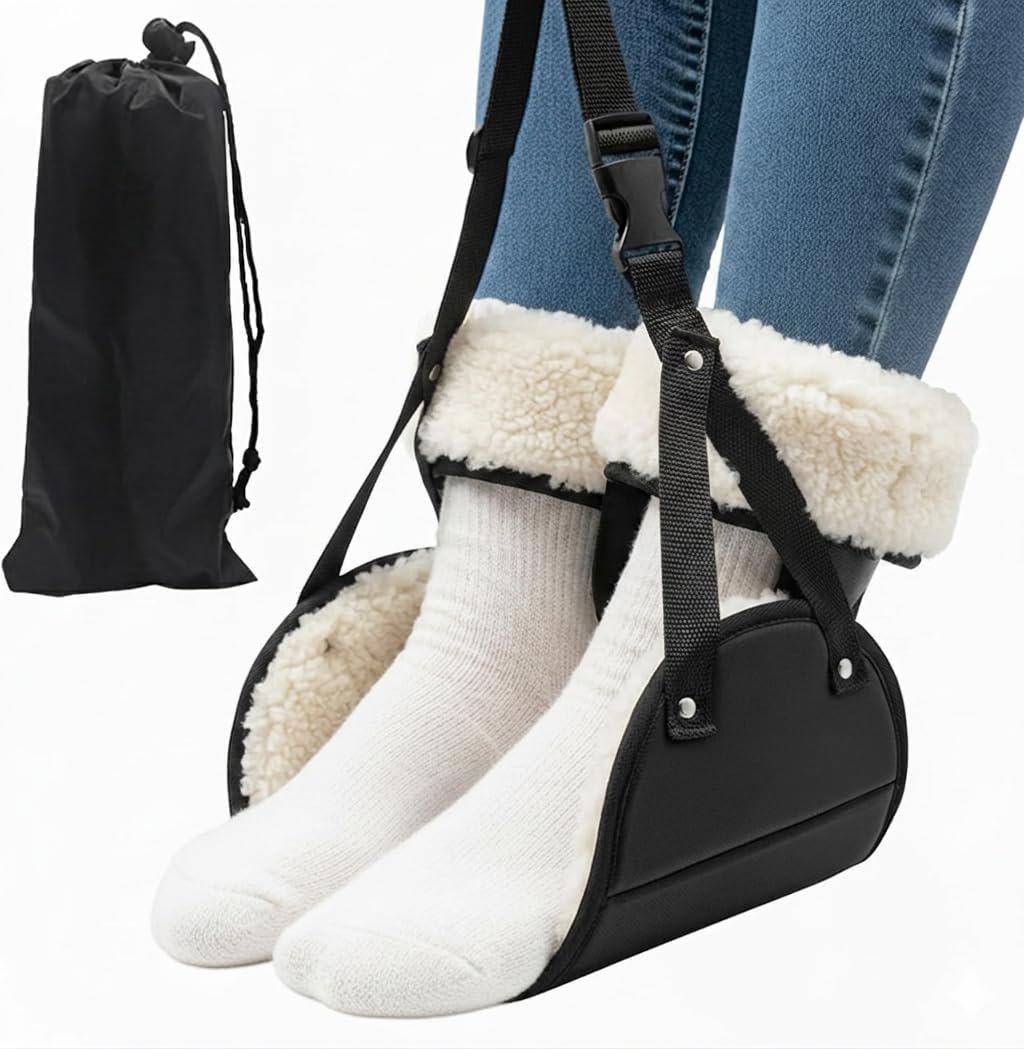 Foot Hammock for Plane Travel, Airplane Foot Rest with Adjustable Extended Strap, No Collapse Memory Foam Foot Sling, Portable Under Desk Foot Hammock for Flights, Office and Travel