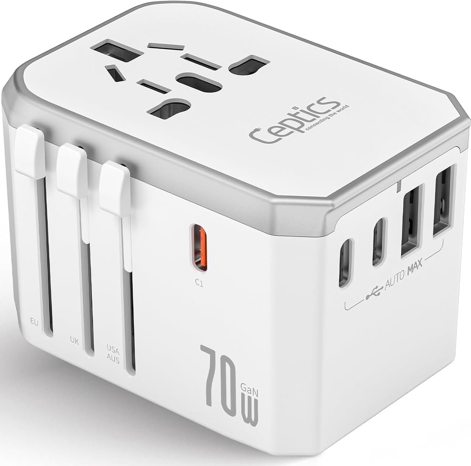 Ceptics Travel Adapter Worldwide, 70W GAN, 2 USB + 3 USB-C, Universal Input