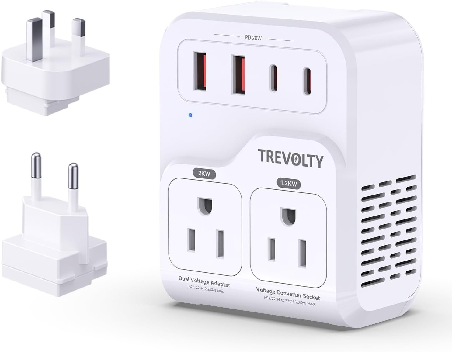 2000W Voltage Converter US to Europe for Hair Dryers, 7-in-1 220V to 110V Converter for European Travel with 3 AC/2 USBA/2 USBC Ports (PD20W), Universal Travel Adapter with Type C G Plug (White)