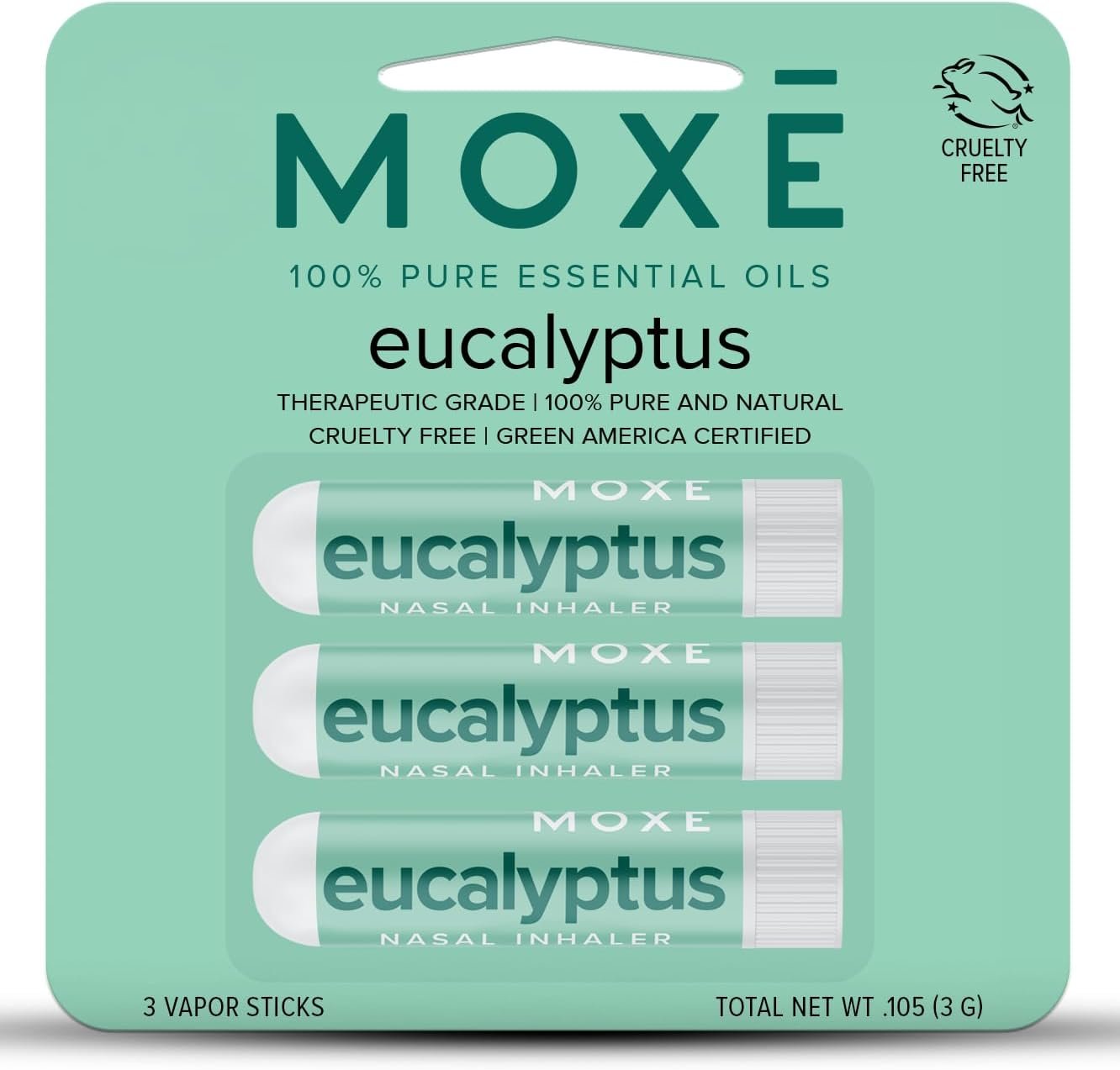 MOXĒ Eucalyptus Essential Oil Nasal Inhaler, Sinus & Congestion Relief, Daily Relaxation, Stress Relief, Therapeutic No-Mess Aromatherapy, Pure and Natural, Made in USA (3 Pack) packaging may vary