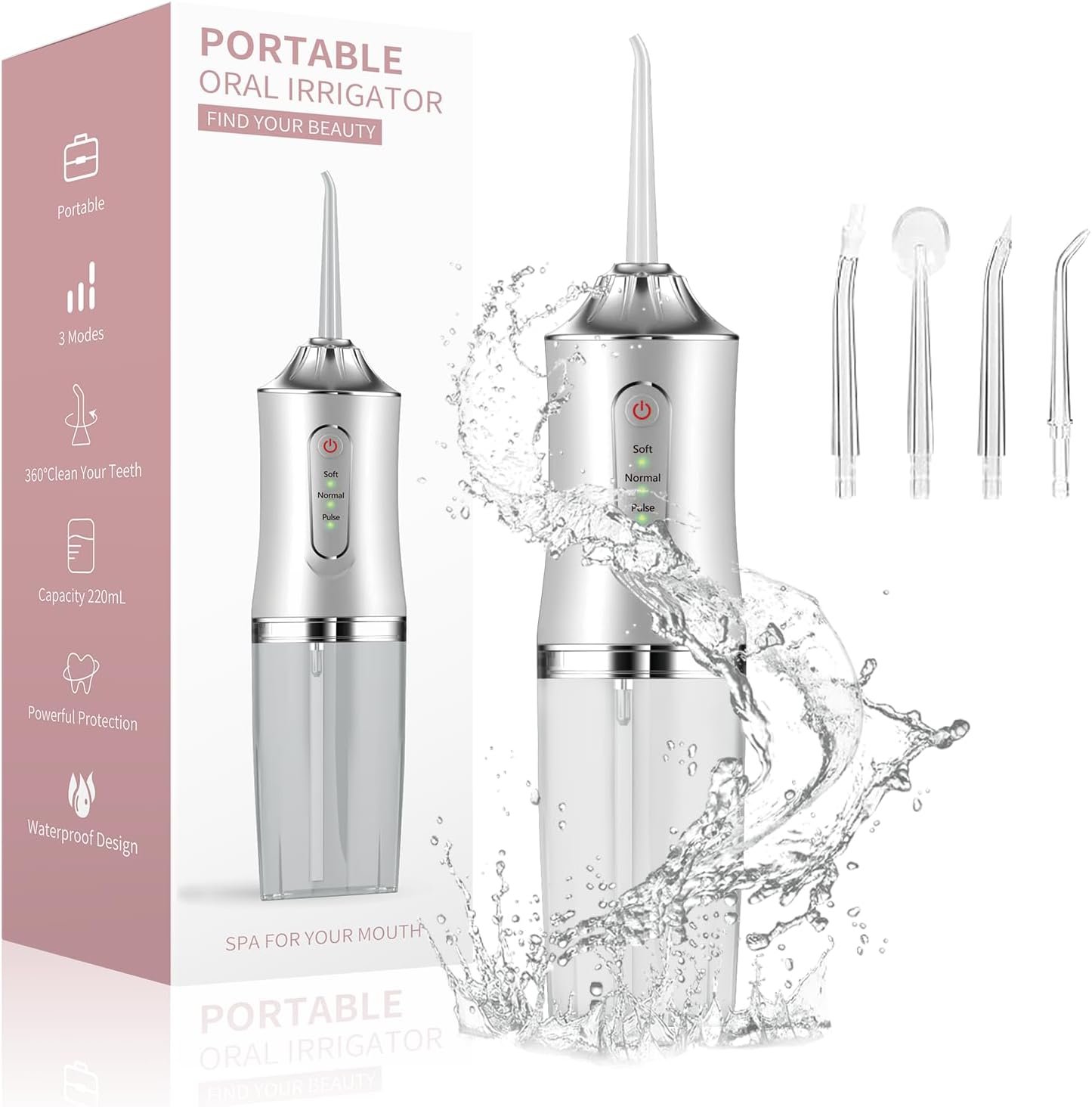 Water Dental Flosser Teeth Irrigator with 3 Modes Cordless Water Teeth Cleaner with 4 Replace Sprinkler Head IPX7 Waterproof Rechargeable Portable for Travel Home Braces Bridges Care