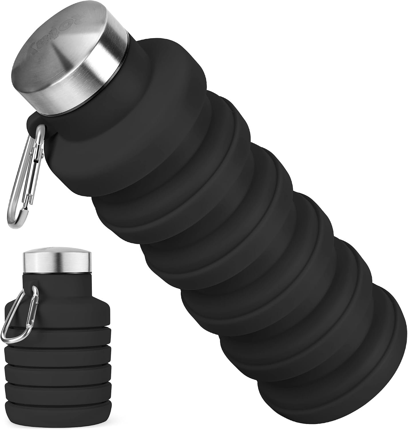 Collapsible Water Bottle, 16oz Portable Reusable Silicone Water Bottle with Carabiner for Gym, Travel, Camping, Hiking, Sports, Lightweight, BPA-Free, Leak-Proof, Foldable Design, Black