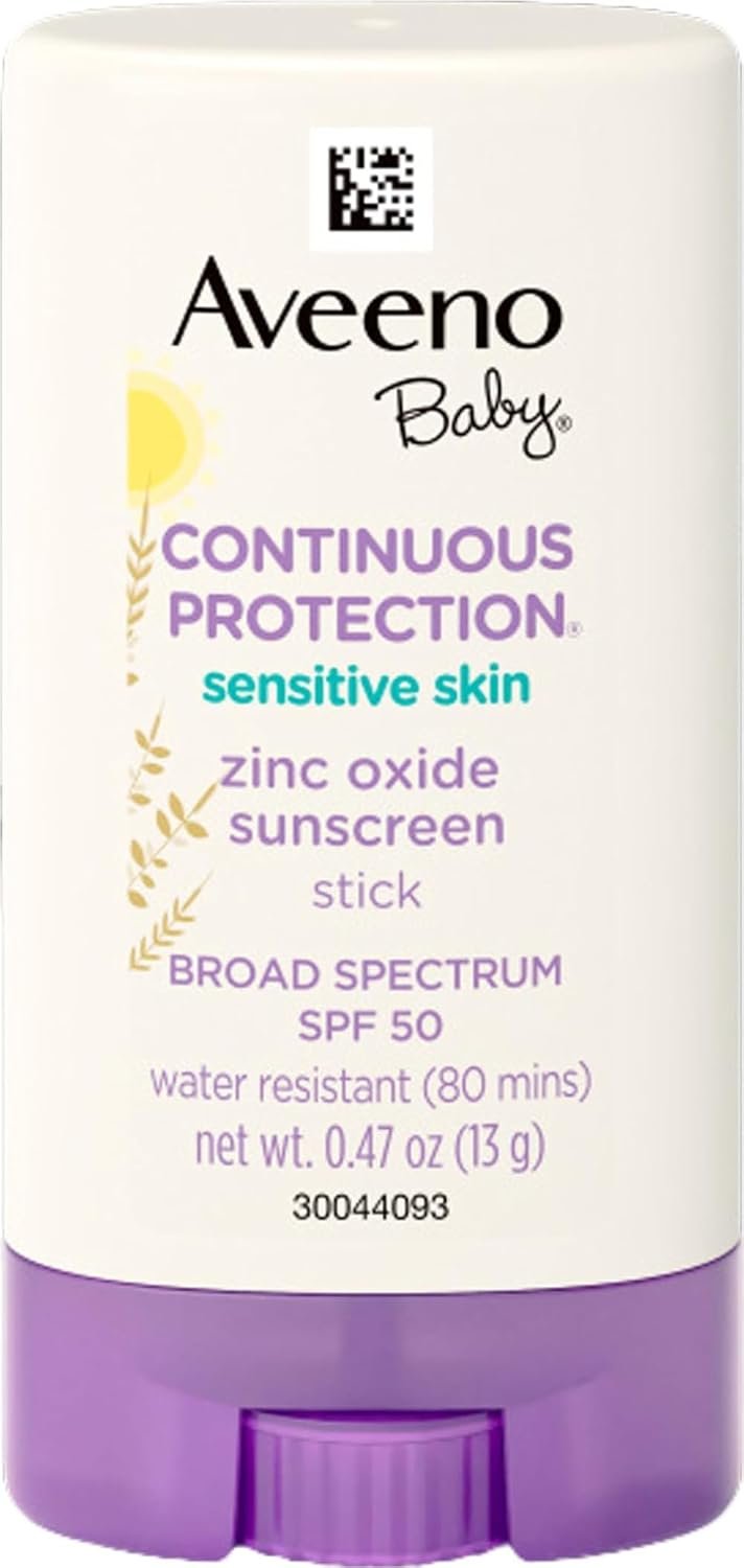 Aveeno Baby Continuous Protection Mineral Sunscreen Stick for Sensitive Skin with Broad Spectrum SPF 50 Protection for Face & Body, Naturally Sourced 100% Zinc Oxide, Travel Size, 0.47 oz