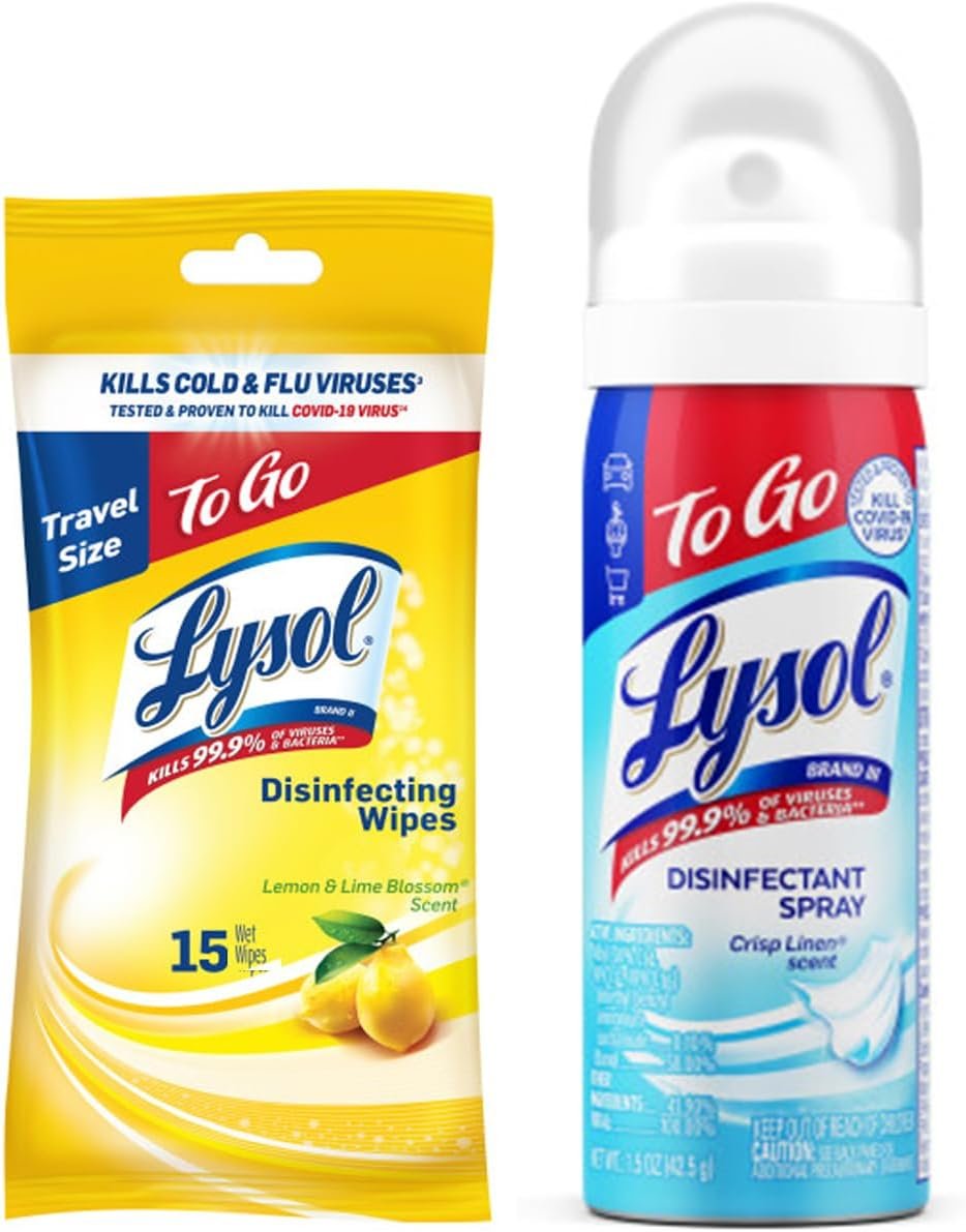 Lysol To Go Bundle – 1.5 Ounce Crisp Linen Disinfectant Spray and Lemon Lime Disinfecting Wipes Flat Pack