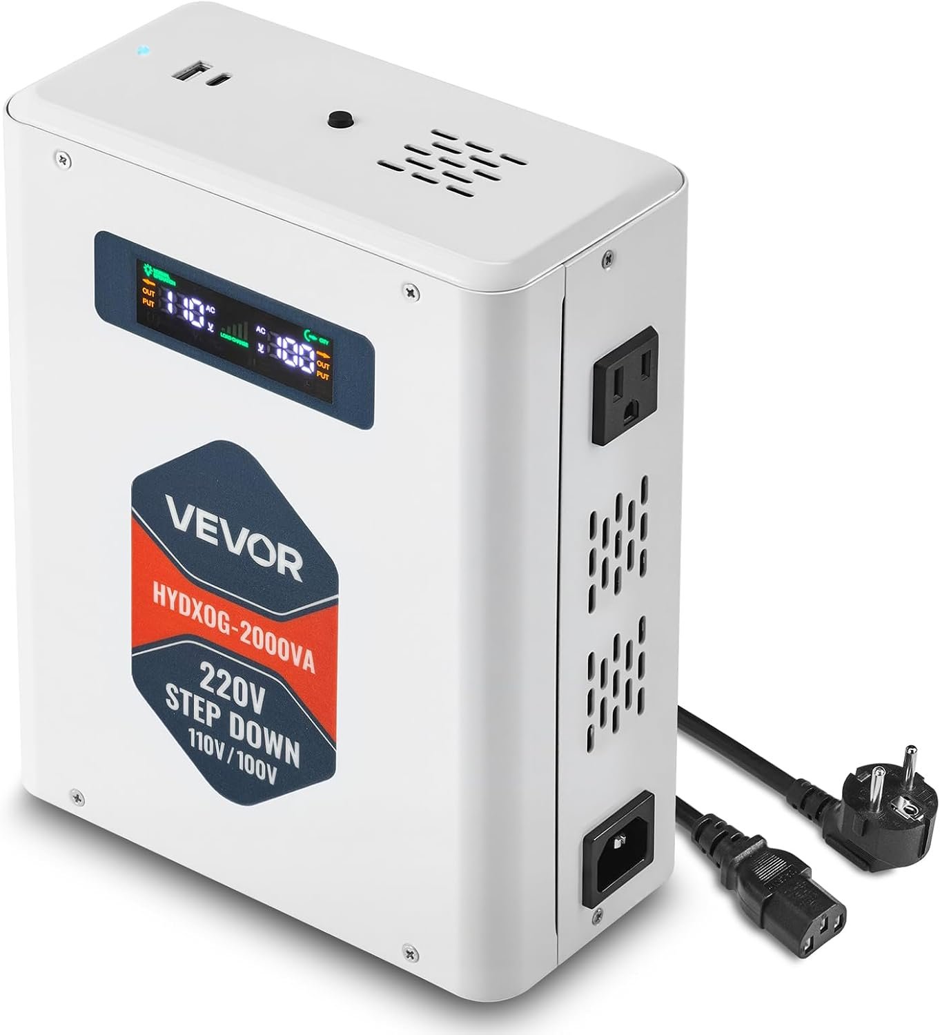 VEVOR Step Down Voltage Converter, 2000VA, Heavy Duty Voltage Power Converter, 220V to 110V Power Transformer, with 2 US Outlets, USB Output, LCD Display, Temperature Protection, for 110V Appliances