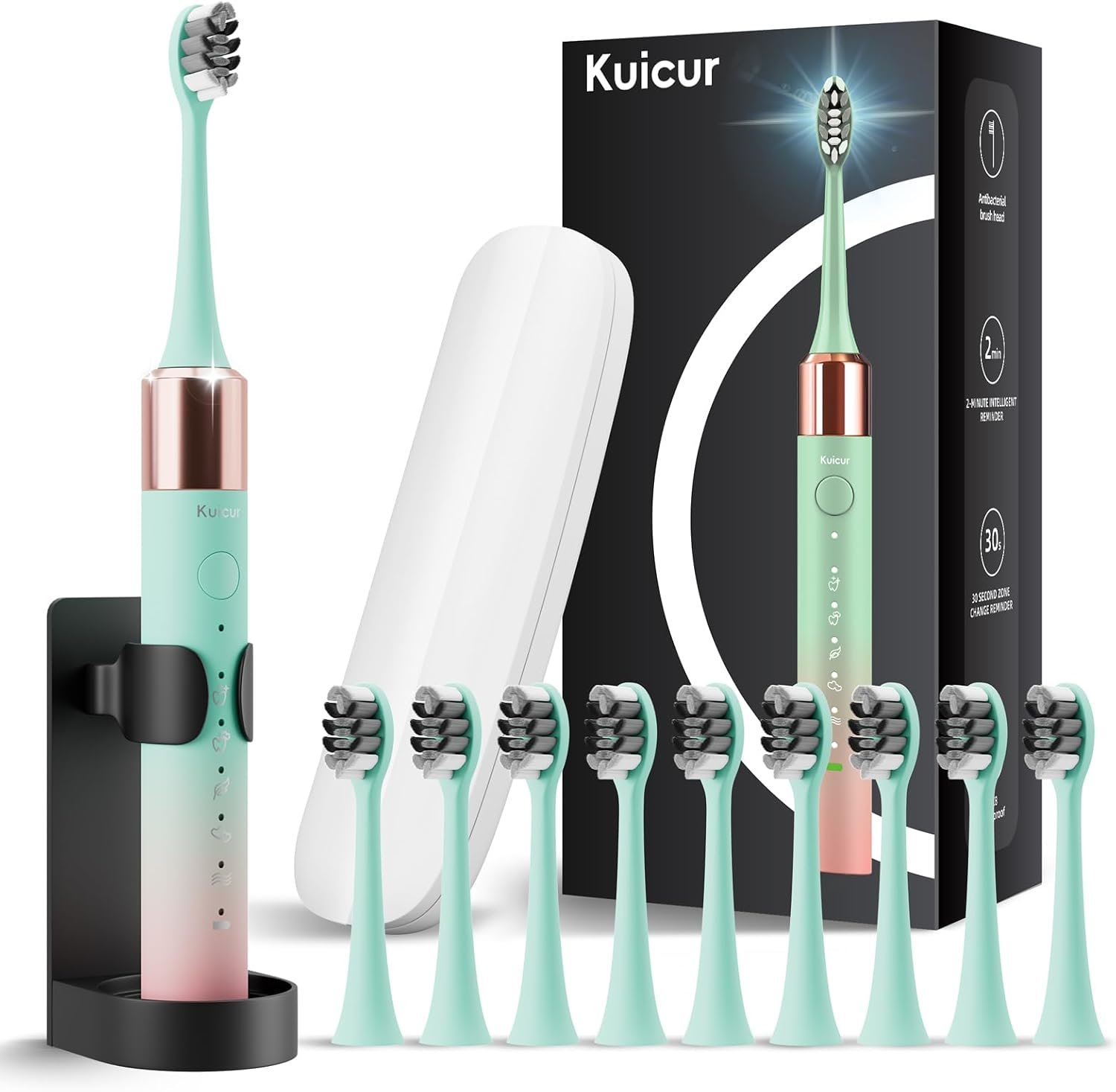 Kuicur Portable Electric Soft Toothbrush with Travel Case, 90-Day Largest Battery Life, 10 Brush Heads, 5 Modes Deep Clean, Ergonomically-Designed for Enhanced Comfort – Ideal Gift for Adults & Kids