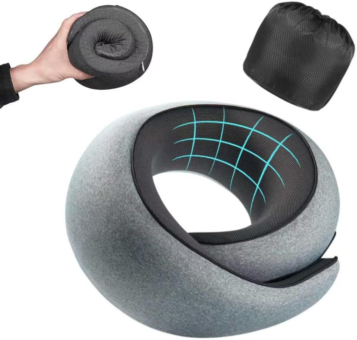 Travel Pillow, Memory Foam Neck Pillow with Ergonomic 360° Support, Travel Neck Pillow for Airplanes, Compact Design for Plane, Car & Office Travel Essentials, Grey