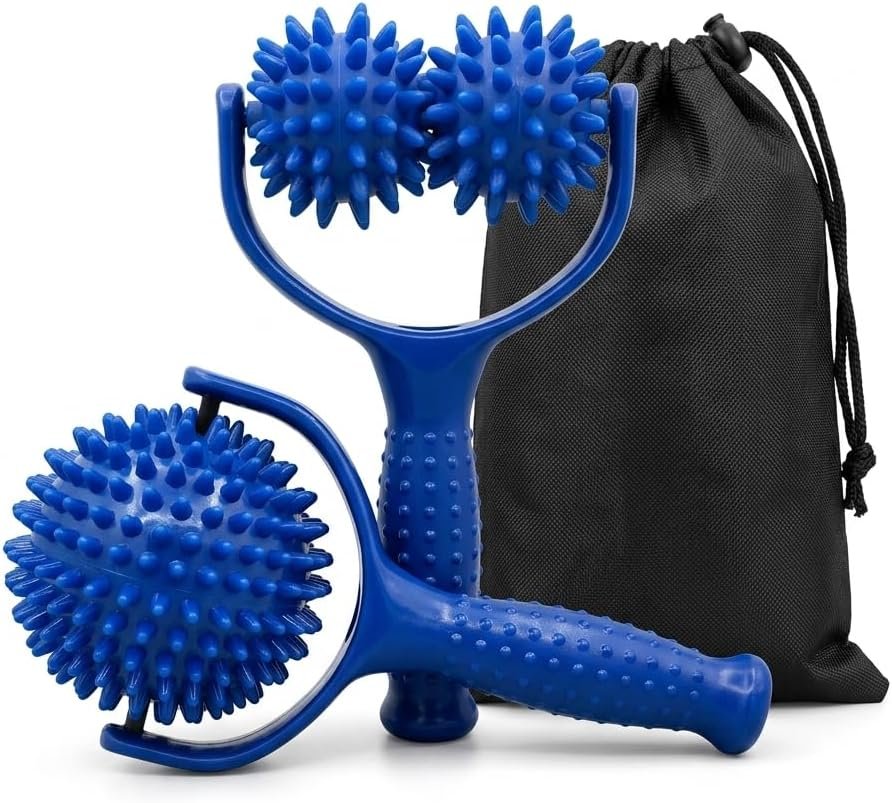 Spiky Massage Ball Roller with Handle (2 Pack) – Acupressure Deep Tissue Massager for Back, Neck, Foot & Plantar Fasciitis Relief – Premium Canvas Travel Bag – Muscle Recovery & Trigger Point Tool