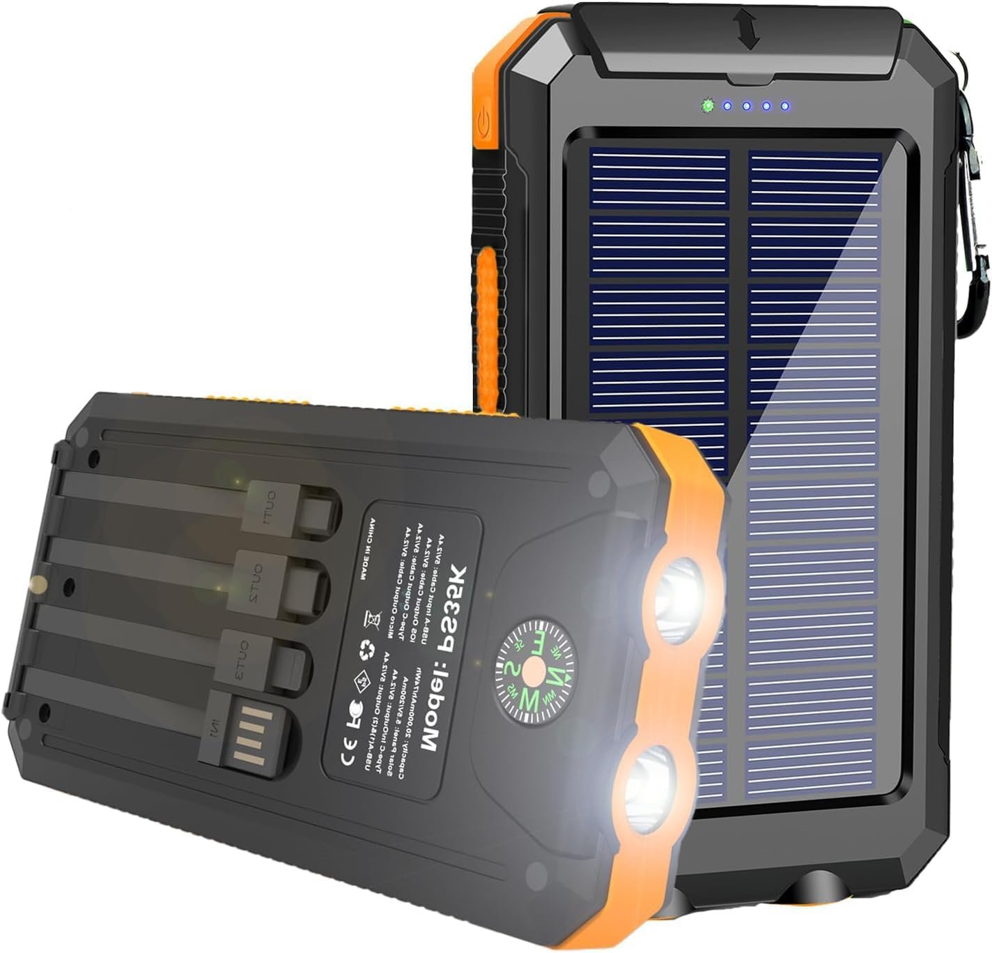 Solar Charger Power Bank 20000mAh Portable Charger with 4 Built-in Cables and USB-C in/Output, Dual Emergency Flashlights, Waterproof Outdoor Battery Pack for Camping, Hiking, Travel, and Storm Prep