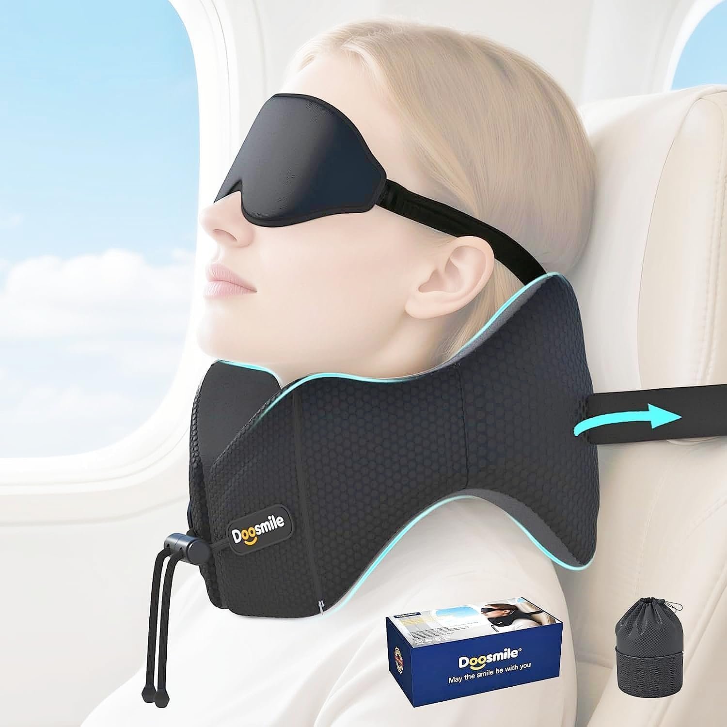 Patented Head-Bobble-preventing Ergonomic Travel Neck Pillow Combo
