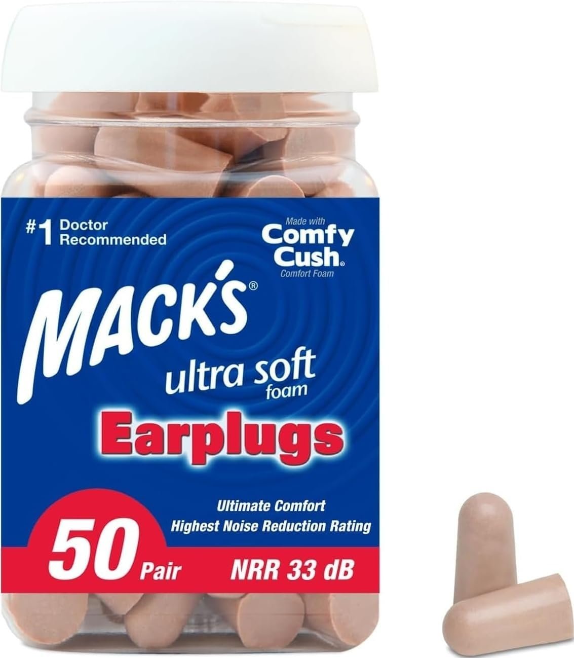Mack’s Ultra Soft Foam Earplugs, 50 Pair – 33dB Highest NRR | Made in USA