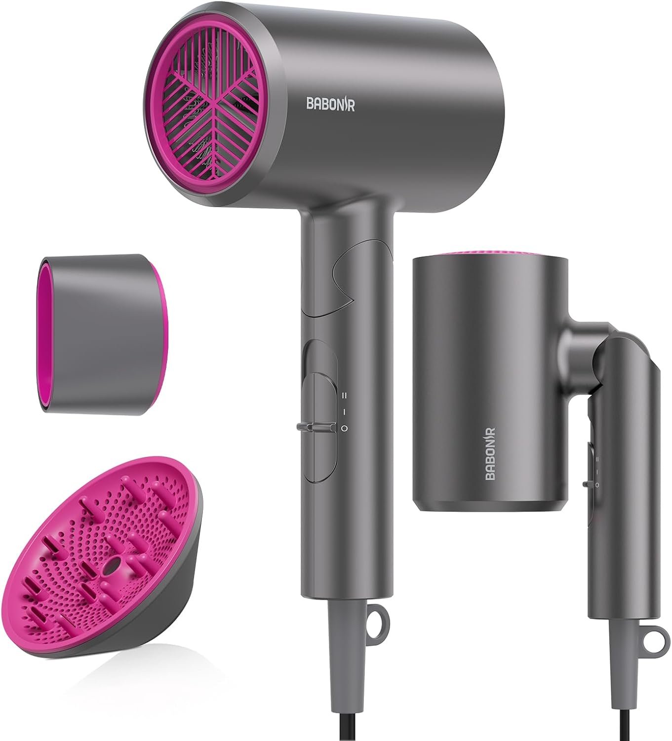BABONIR 1875W Hair Dryer with Diffuser, Foldable, Ionic Blow Dryer, Gray