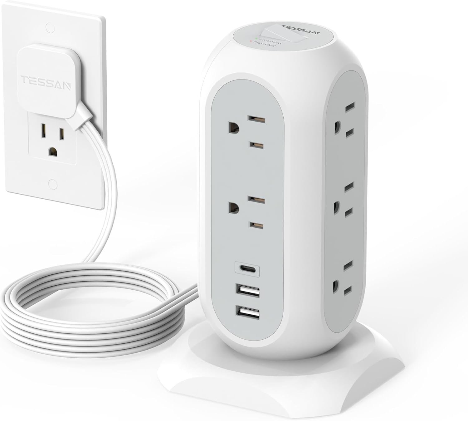 TESSAN Tower Power Strip Flat Plug with 1050J Surge Protection, 6 Ft, Grey