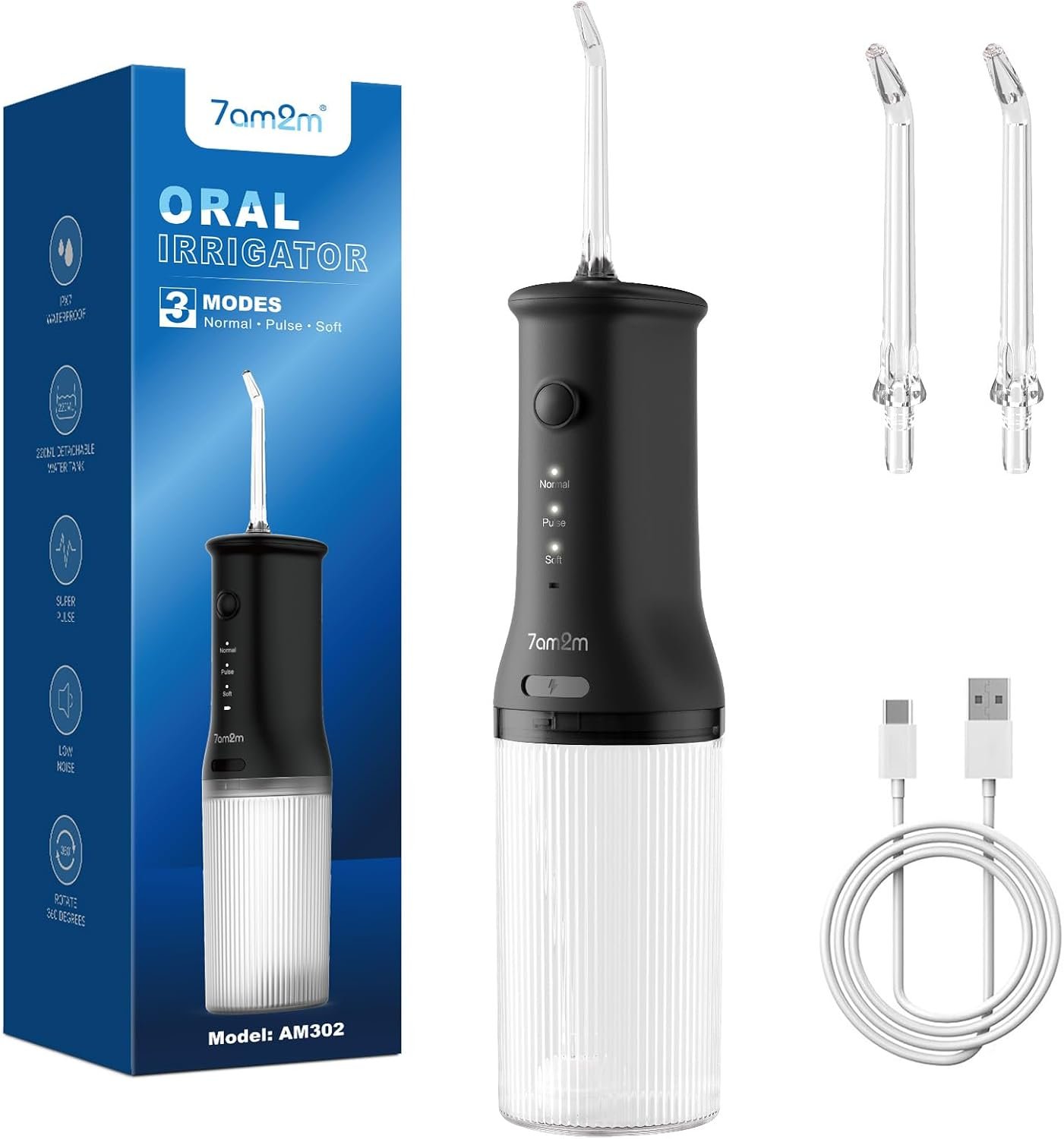 7AM2M Cordless Water Flosser Oral Irrigator, IPX7 Waterproof, Black