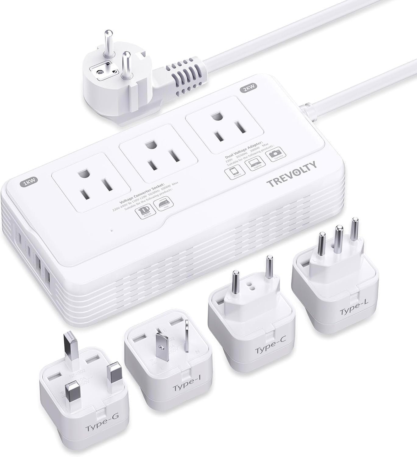 2000W Voltage Converter US to Europe for Hair Dryer, 220V to 110V Converter for European Travel with 3 AC 2 USBC 2 USBA Ports, European Travel Plug Adapter with Type CGIL (White)