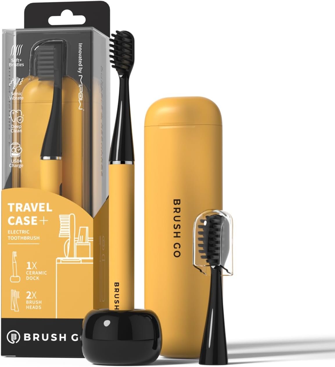 MIPOW Slim Pro i4 Electric Toothbrush Rechargeable Smart Ultra Sonic 3 Modes Magnetic Travel Case &Ceramic Dock, 60Day Long Battery Soft Bristles 2Heads IPX7 Waterproof,Color-(Yellow)