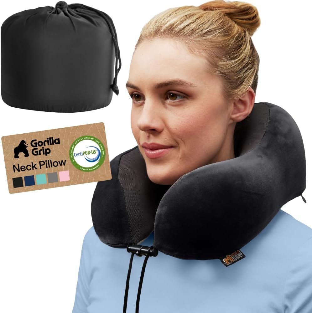 GORILLA GRIP Travel Neck Pillow for Airplanes, Travel Essentials, Black