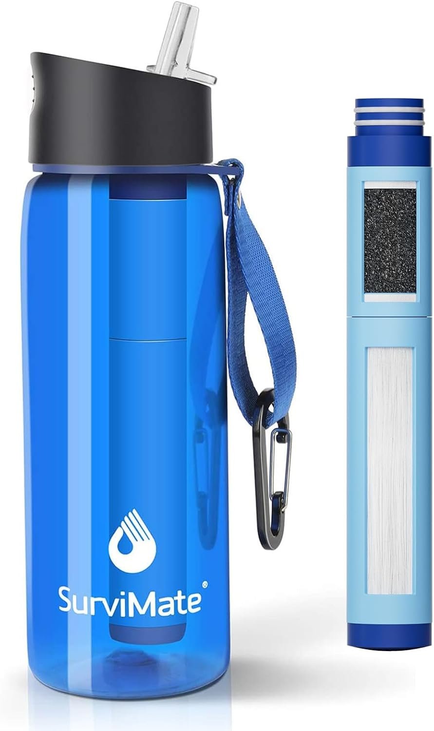 Survimate 5-Stage 0.01μm Ultra-Filtration Filtered Water Bottle, BPA-Free Material, NSF/ANSI 42 Certified, Portable Water Filter Bottle for Survival, Camping, Hiking, and Emergency Use