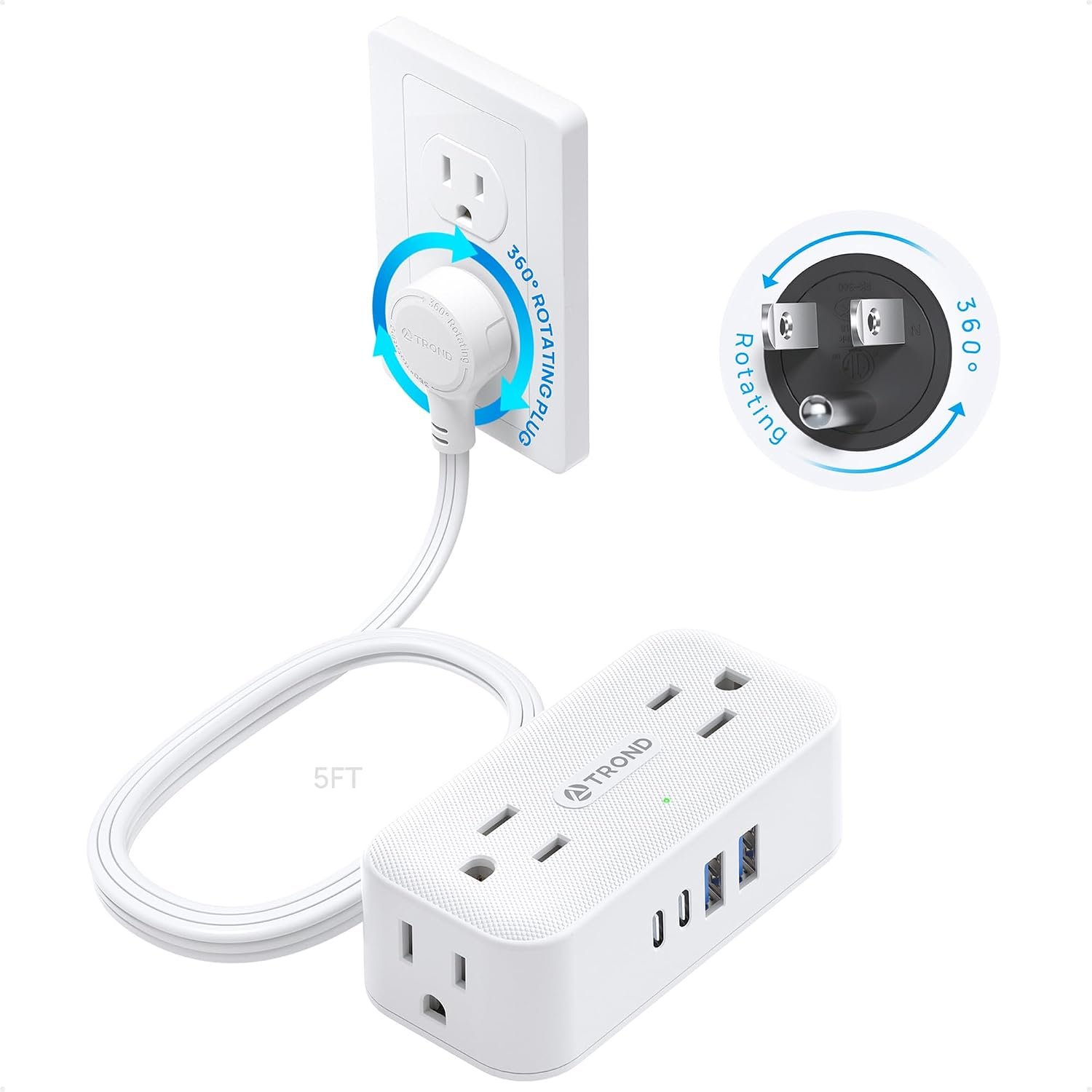 TROND 360° Rotating Flat Plug Power Strip 5ft, 4 Widely AC Outlets, White